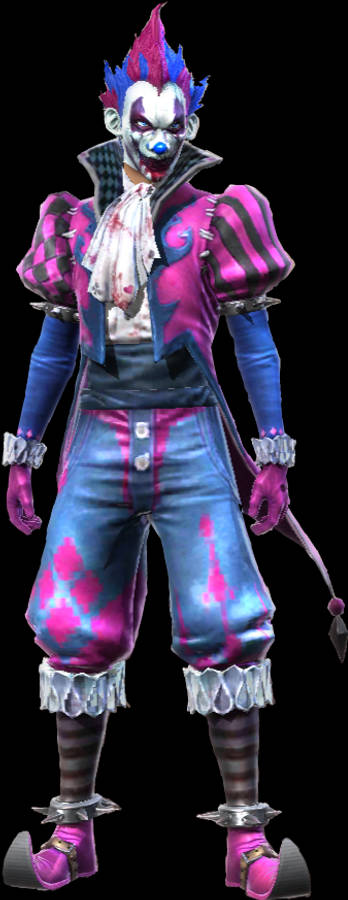 Free Fire Joker PNG 壁紙 — 一個帶有藍色和粉紅色尖刺頭髮、滿臉鮮血的威脅性小丑，穿著帶有銀色裝飾的破爛紫色和藍色服裝。