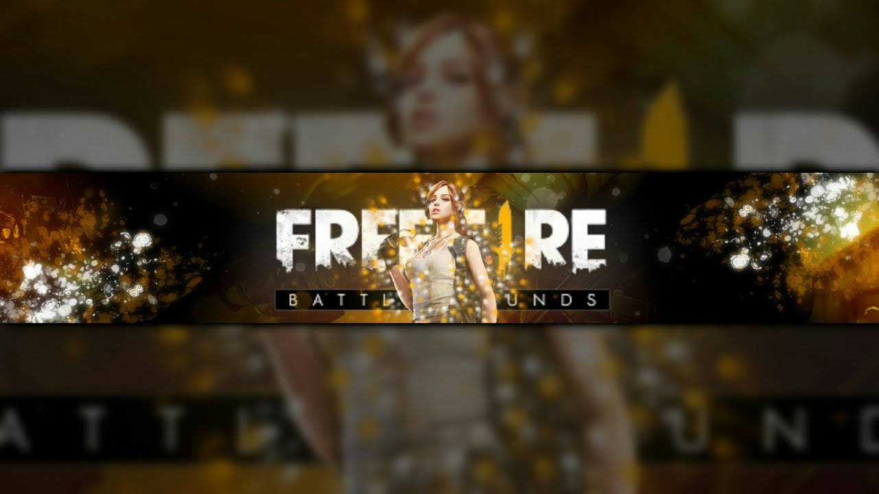 Free Fire 女主角 Lara Croft 風格宣傳海報 壁紙 — 一個發光的金色橫幅，用於Free Fire Battlegrounds，特點是女性角色、火焰粒子及模糊背景元素。