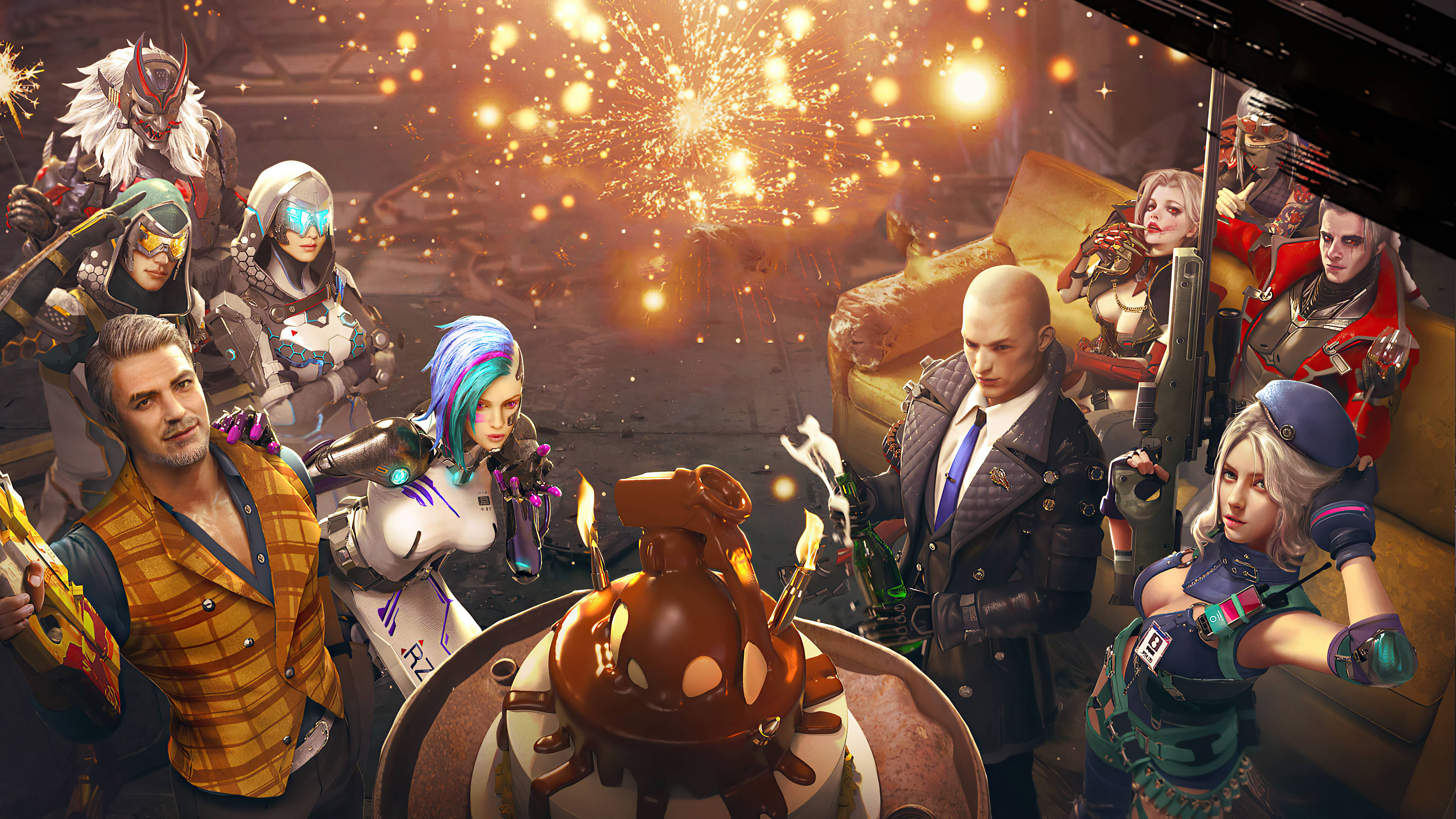 《Free Fire》第一季角色圍觀巨型蛋糕 壁紙 — 一群多元化的未來角色圍著蛋糕慶祝，煙火在他們上方綻放。