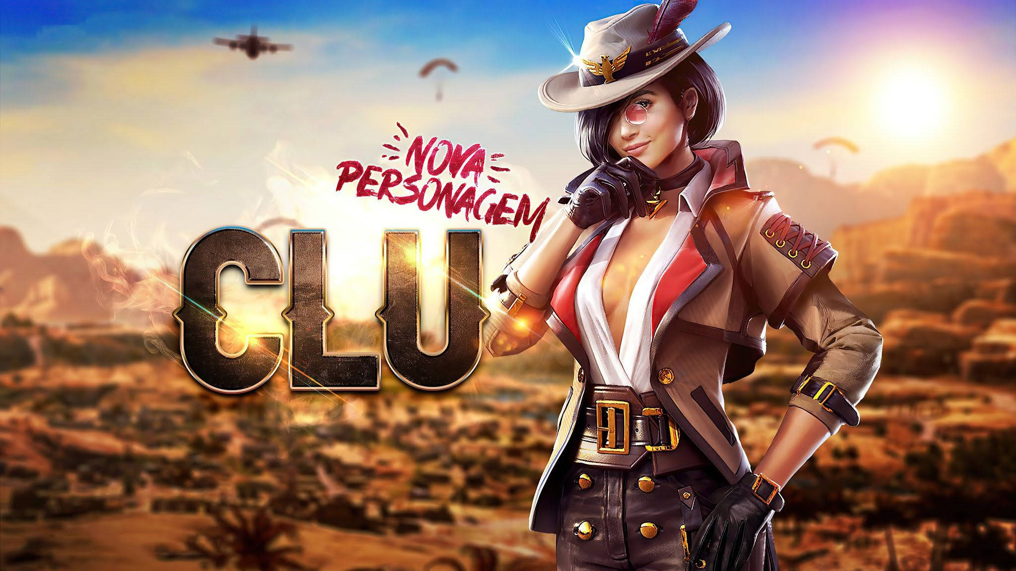 Free Fire 角色克魯 壁紙 — 一個自信的女性角色，戴著牛仔帽和戰術裝備，在日落時分的沙漠峽谷中站立，頭頂有飛機飛過。