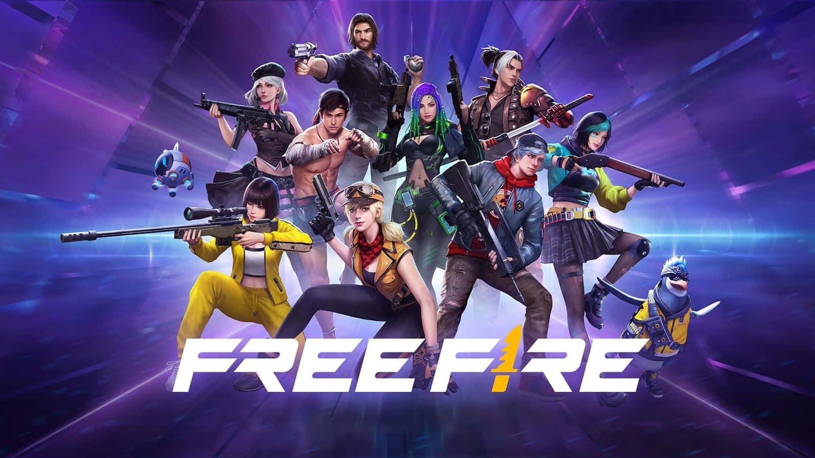 Free Fire 遊戲角色以戰鬥姿態搭配發光紫色霓虹背景。