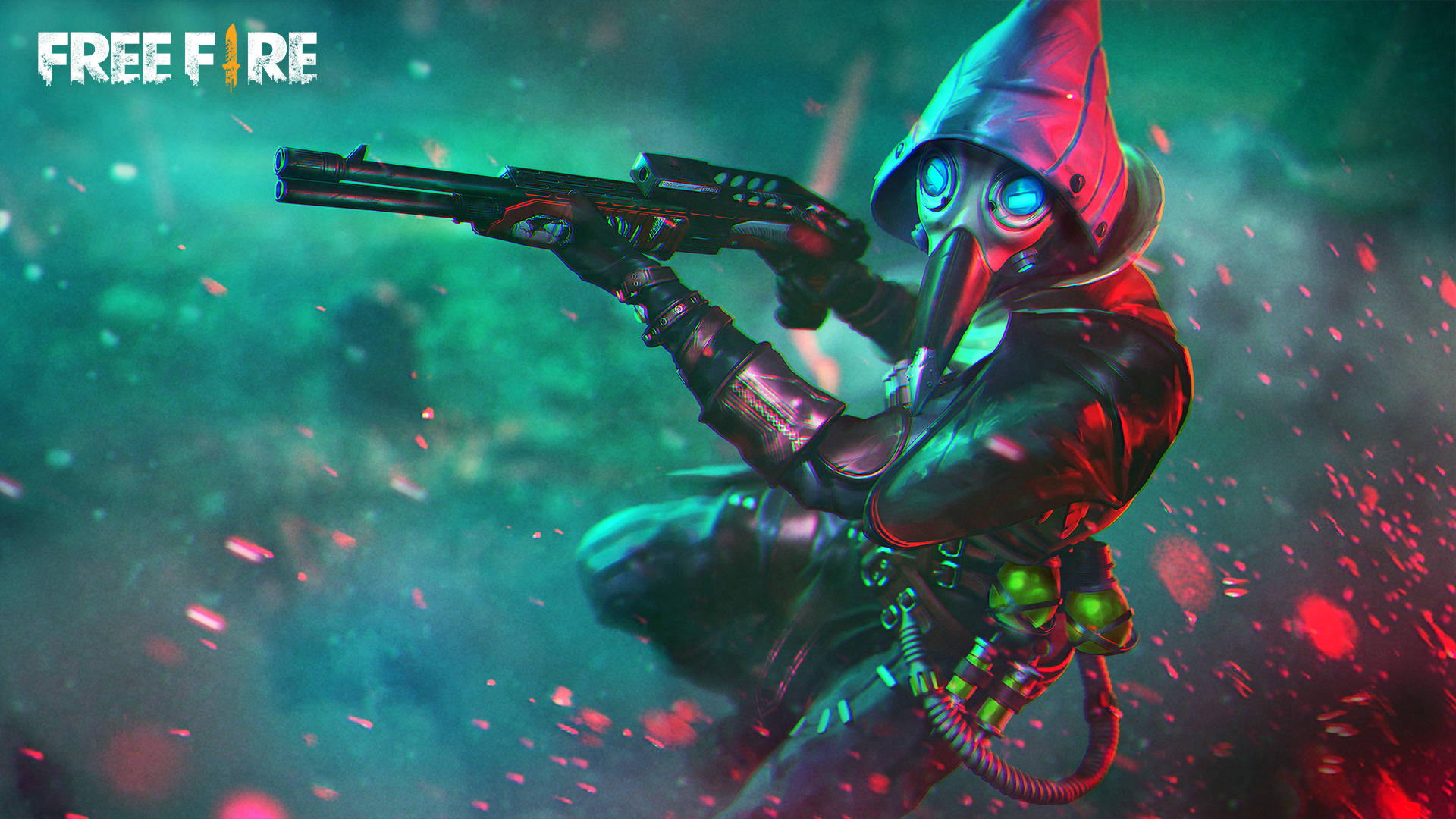 Free Fire 遊戲角色 Plague Doctor 壁紙 — 一個穿著連帽服裝的瘟疫醫生角色在黑暗奇幻場景中，在發光的綠色和紅色粒子中瞄準霰彈槍。