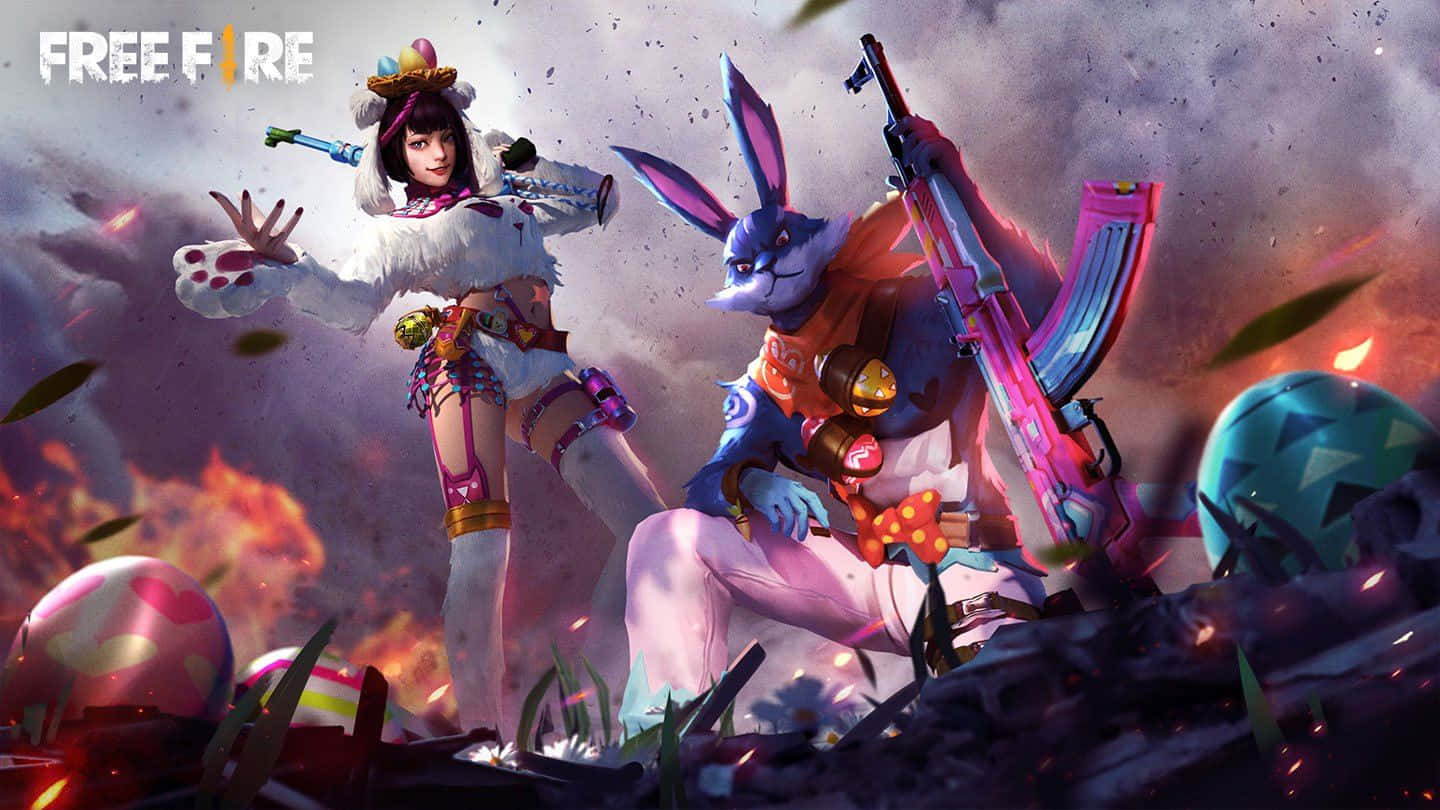兔兔包 Free Fire 背景 壁紙 — 兩個風格化的遊戲角色，一個穿著白色毛皮的女孩和一個拿著發光武器的兔子戰士，站在熾熱的爆炸和破碎的雞蛋中。