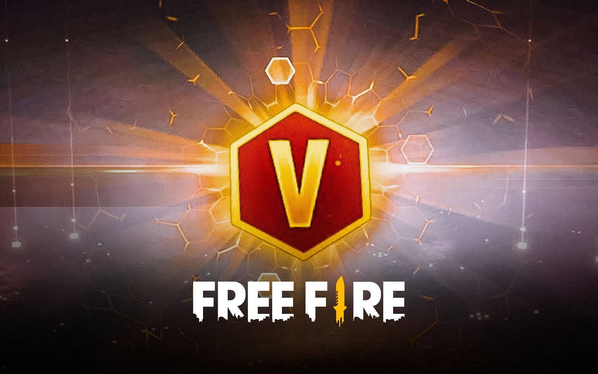 Free Fire 遊戲標誌，帶有發光的紅色六邊形和金色 V 符號。