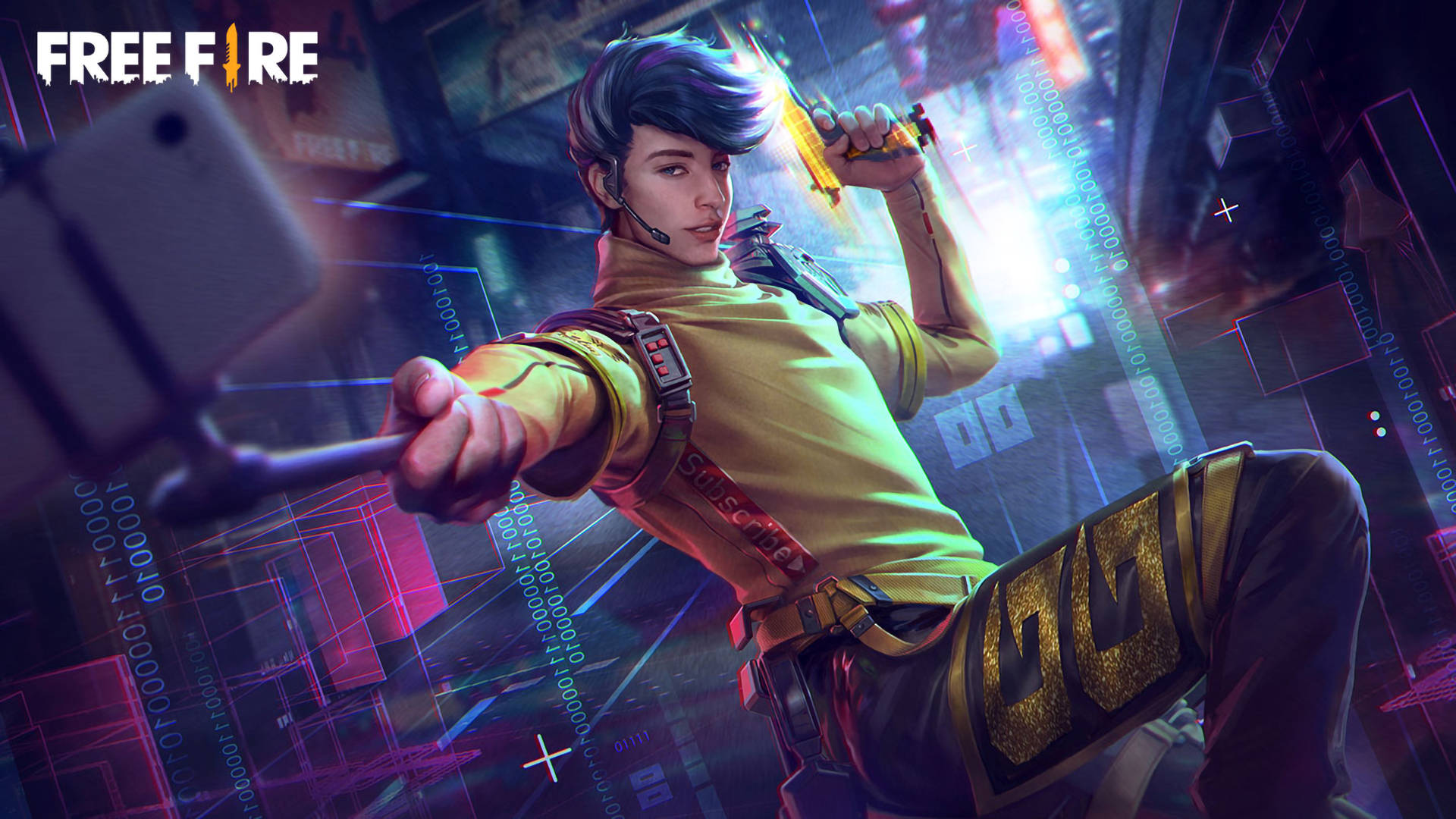 Free Fire Wolfrahh 壁紙 — 一名賽博龐克玩家在霓虹燈光下的數位競技場中，手持武器和自拍桿，發光的數據流在他周圍旋轉。