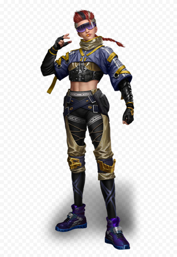 Free Fire Xayne PNG 壁紙 — 一位擁有紅髮和紫色護目鏡的未來女戰士，身穿戰鬥裝備，站在透明背景前。
