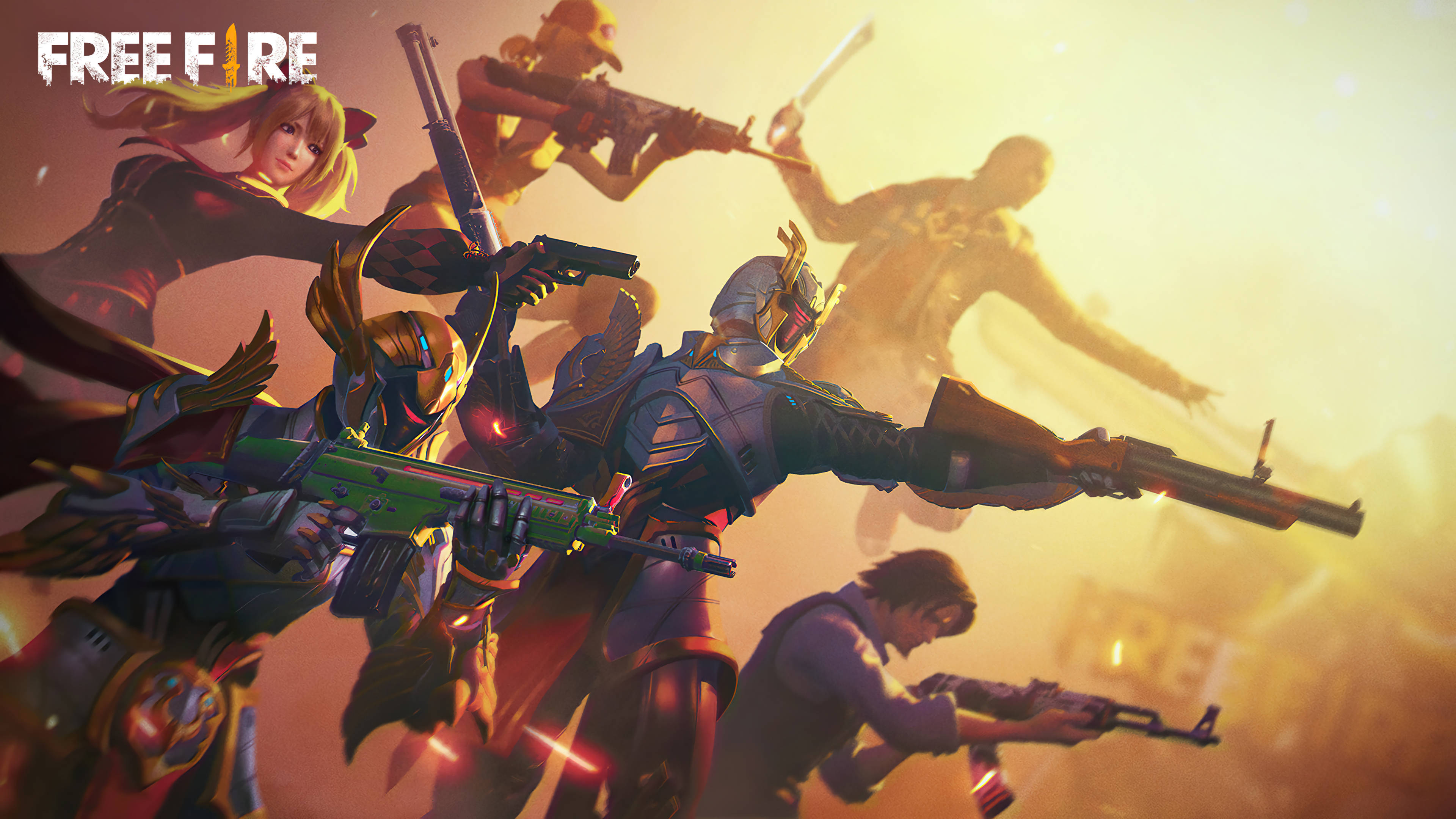 Free Fire 全部角色皮膚組合 壁紙 — 動漫風格嘅戰士著住戰鬥裝備，喺發光嘅日落背景下開火。