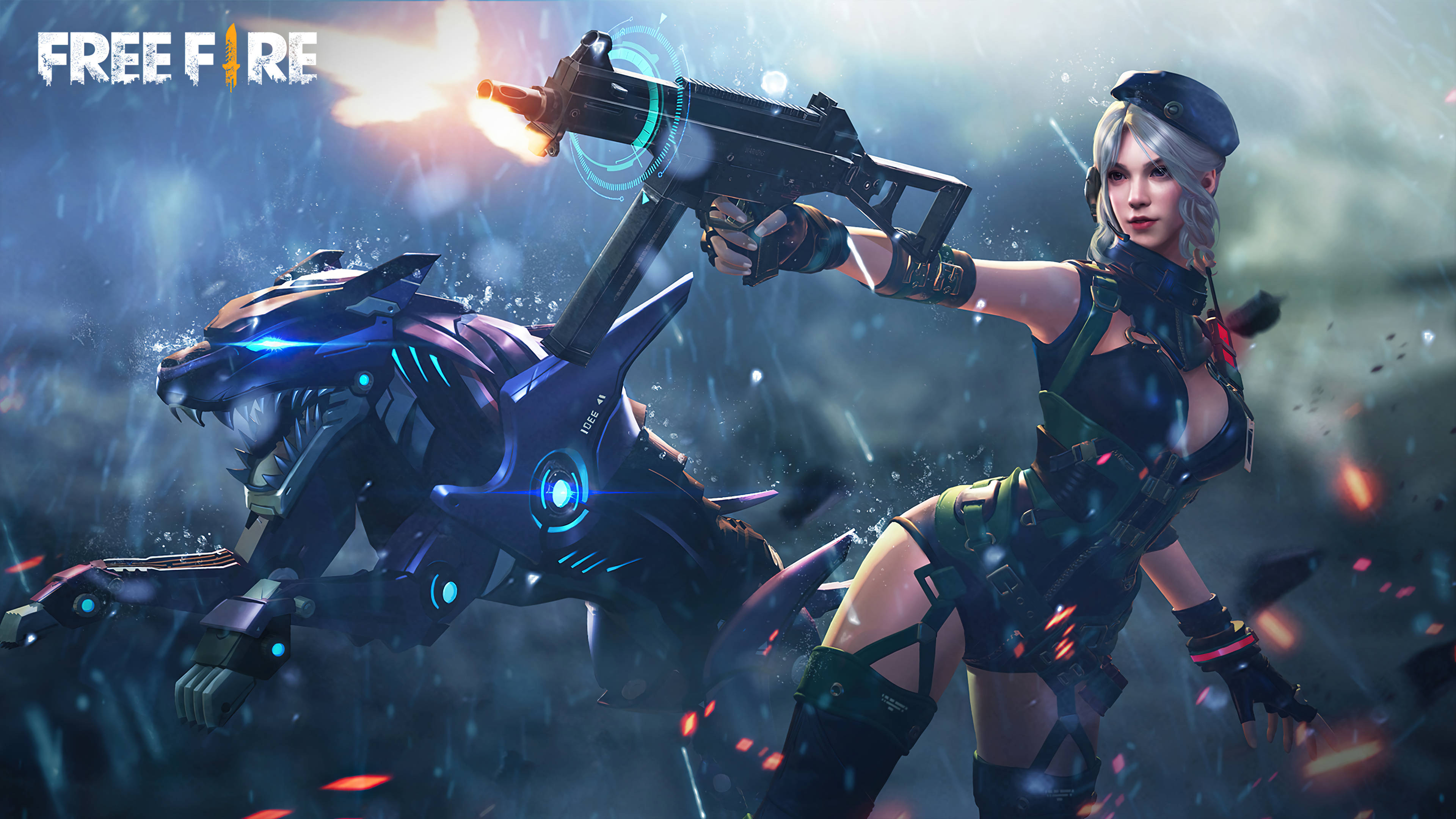 Free Fire 劳拉套裝 壁紙 — 一位兇猛的女戰士在風暴中、霓虹燈閃爍的戰場上，在機械老虎旁邊發射發光武器。