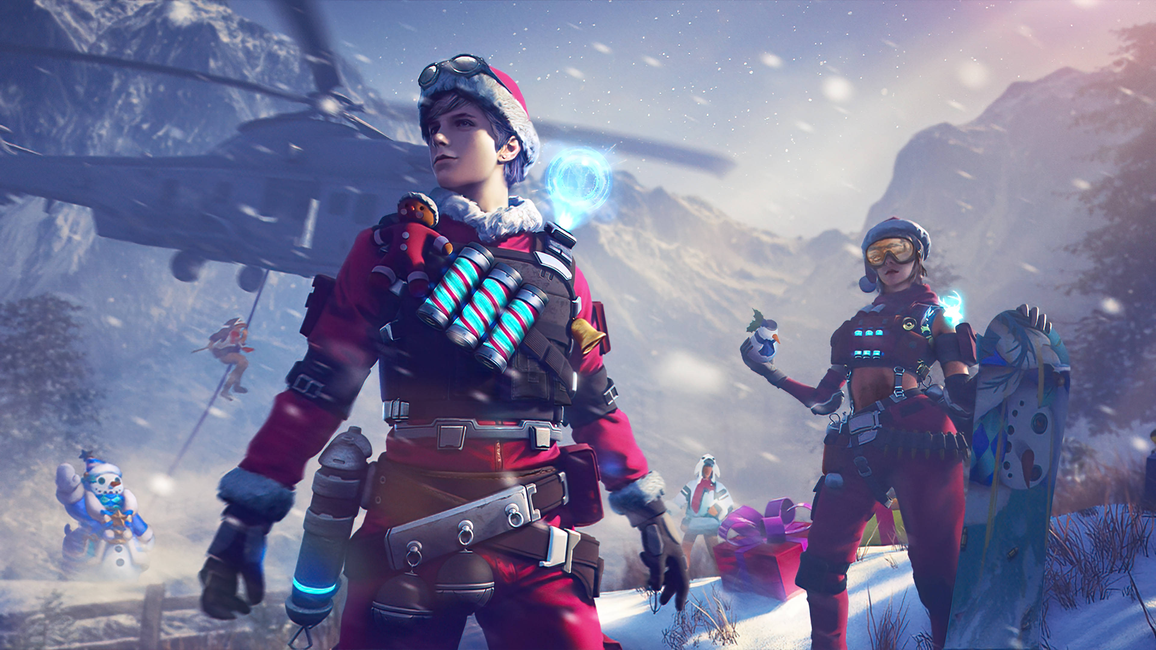 Free Fire 圣誕雪景皮膚組合 壁紙 — 兩名穿著節日裝備的滑雪板手站在白雪覆蓋的山谷中，頭頂有直升機，雪花飄落。