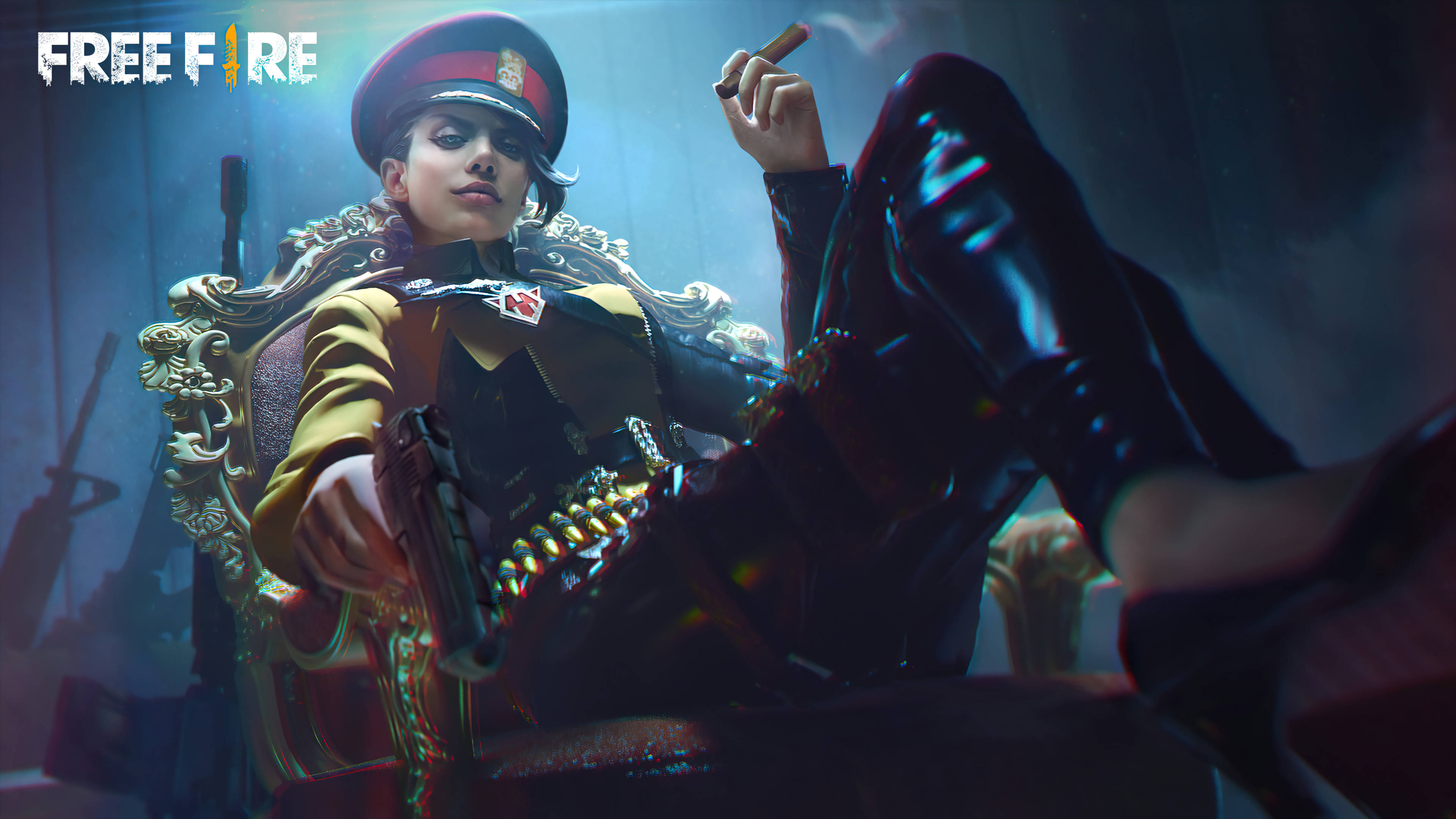 Free Fire 帕洛瑪角色套裝 壁紙 — 一位自信的女兵穿著軍服，在昏暗的房間裡華麗地坐在裝飾華麗的寶座上，手持手槍和雪茄。