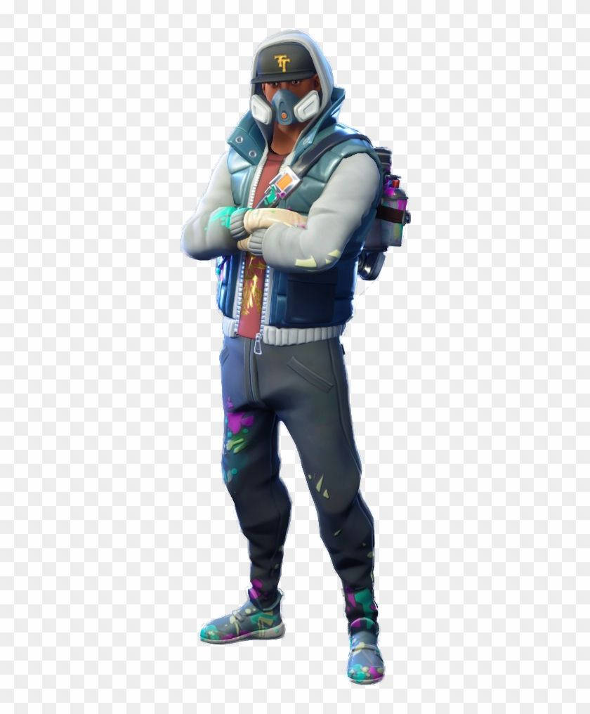 Fortnite角色穿著濺滿油漆的裝備，交叉雙臂，戴著防毒面具。