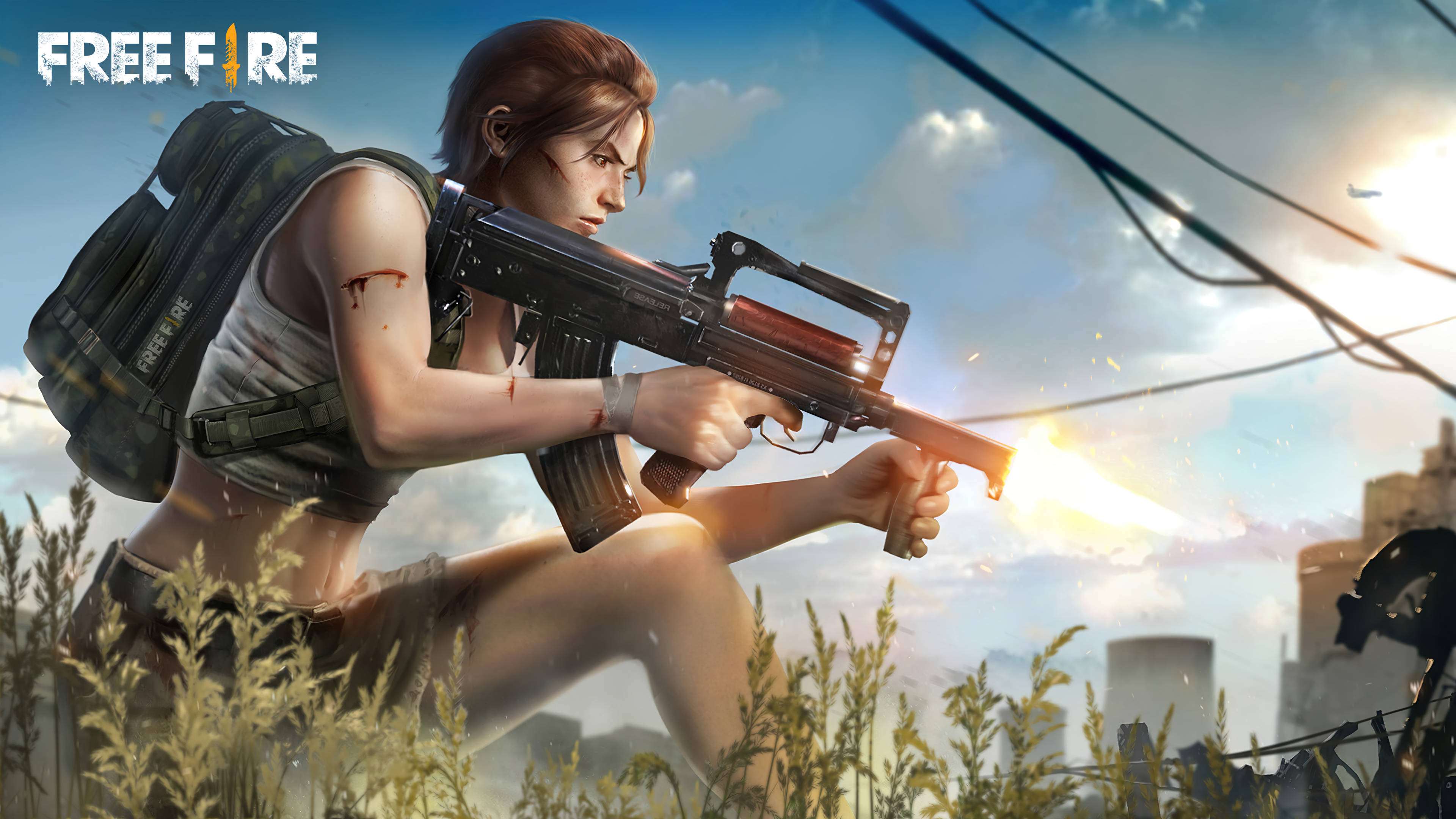 Free Fire 持步槍少女套裝 壁紙 — 一名女兵在廢墟城市戰場中，在明亮的天空下開槍，槍口閃光。