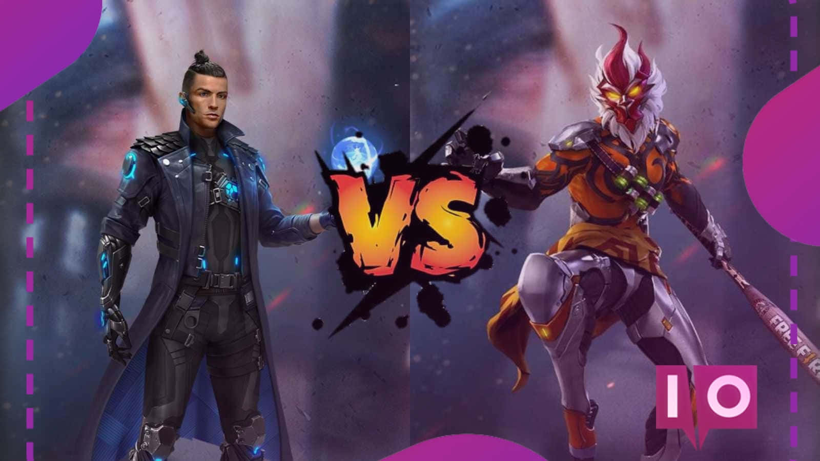 兩個動畫遊戲角色身穿戰鬥裝備，以發光的VS符號對峙。