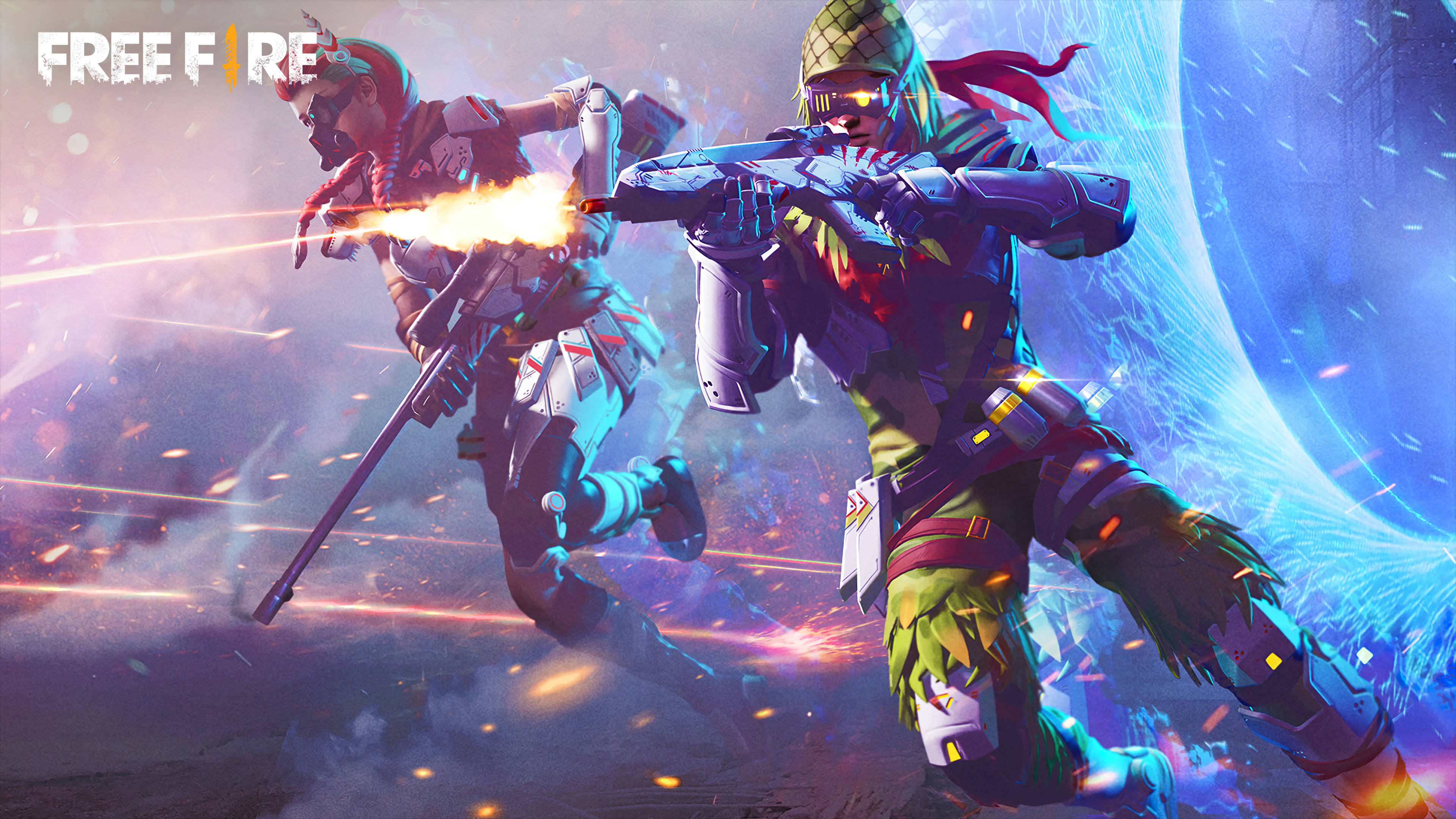 Free Fire 標誌兩名士兵 壁紙 — 兩名風格化的玩家穿著未來裝備，在發光粒子效果和宇宙背景中開火。
