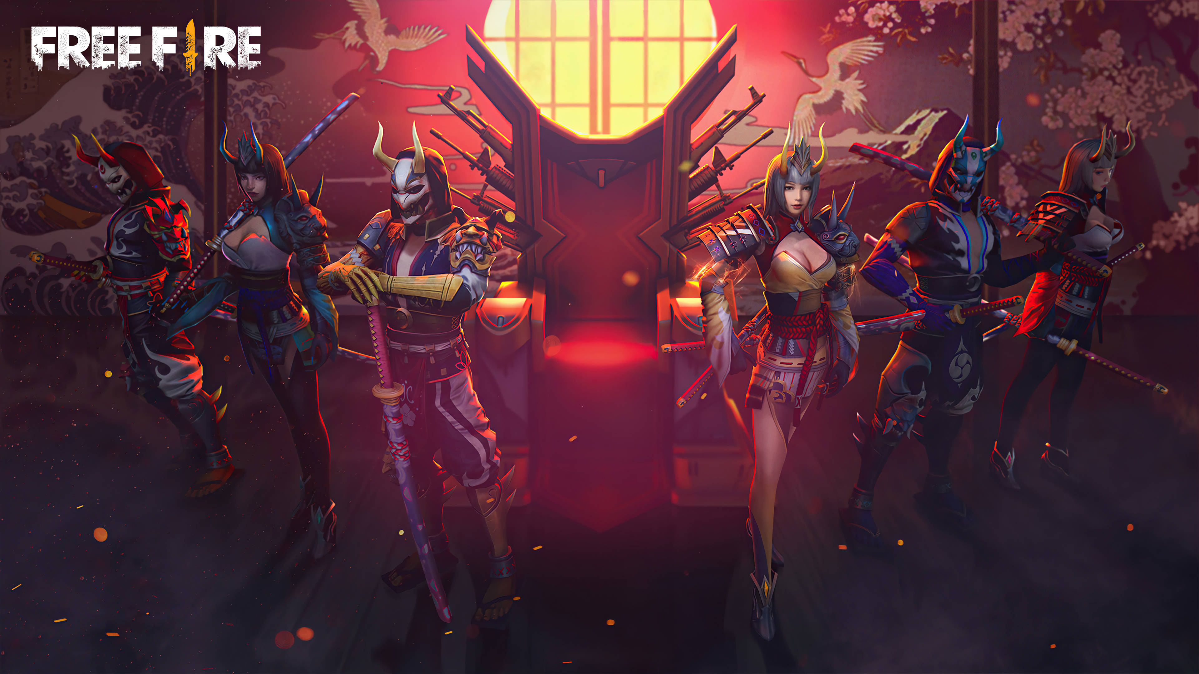 Free Fire 武士皮膚套裝 壁紙 — 六個風格化的武士戰士穿著華麗盔甲，在櫻花背景下，於發光的紅太陽下持劍站立。