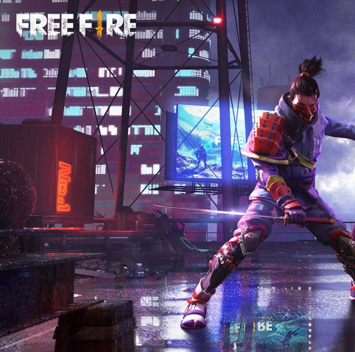 Free Fire 海ato 武士戰士 壁紙 — 一位身穿紫色裝甲的賽博龐克戰士，在暴風雨的天空下，於霓虹燈照亮、雨水浸透的城市廢墟中揮舞著發光的劍。