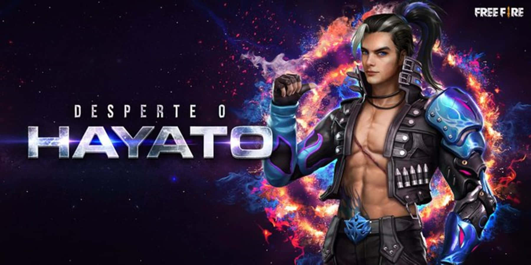 Free Fire 海ato 海報 壁紙 — 一個肌肉發達的動漫戰士，身穿發光的藍色盔甲，站在熾熱的宇宙背景前，帶有粗體遊戲文字。