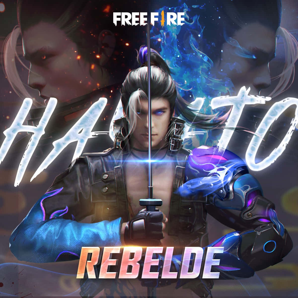 Free Fire 海ato 精英版 壁紙 — 一位擁有發光藍色眼睛和未來裝甲的賽博龐克戰士，在黑暗宇宙背景中手持劍，背景有火焰粒子和空靈面孔。