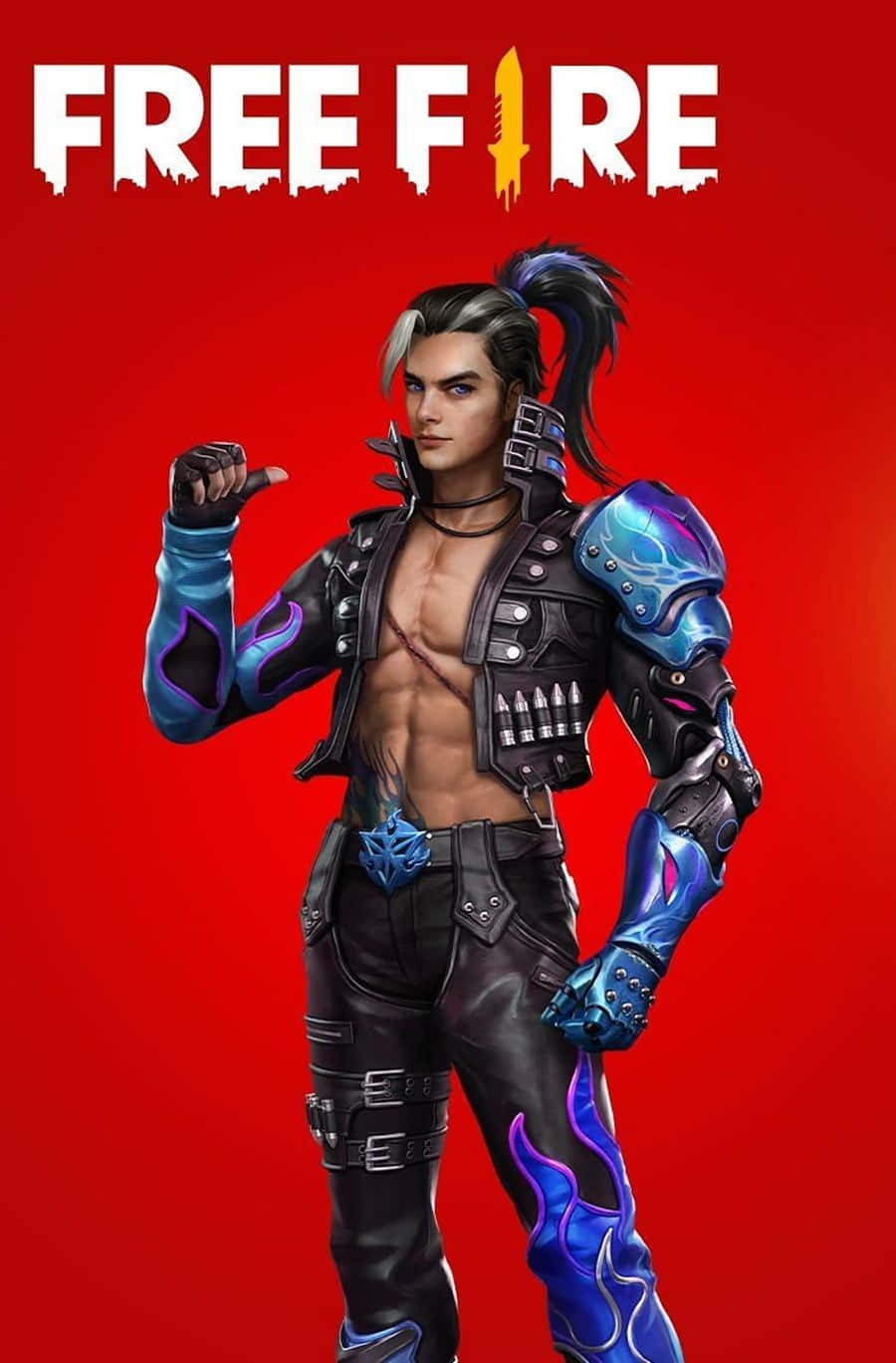 Free Fire 海ato 藍皮精英海報 壁紙 — 一個肌肉發達的動漫風格戰士，帶有藍色火焰裝飾和機械裝甲，在鮮紅色的背景前自信地擺姿勢。