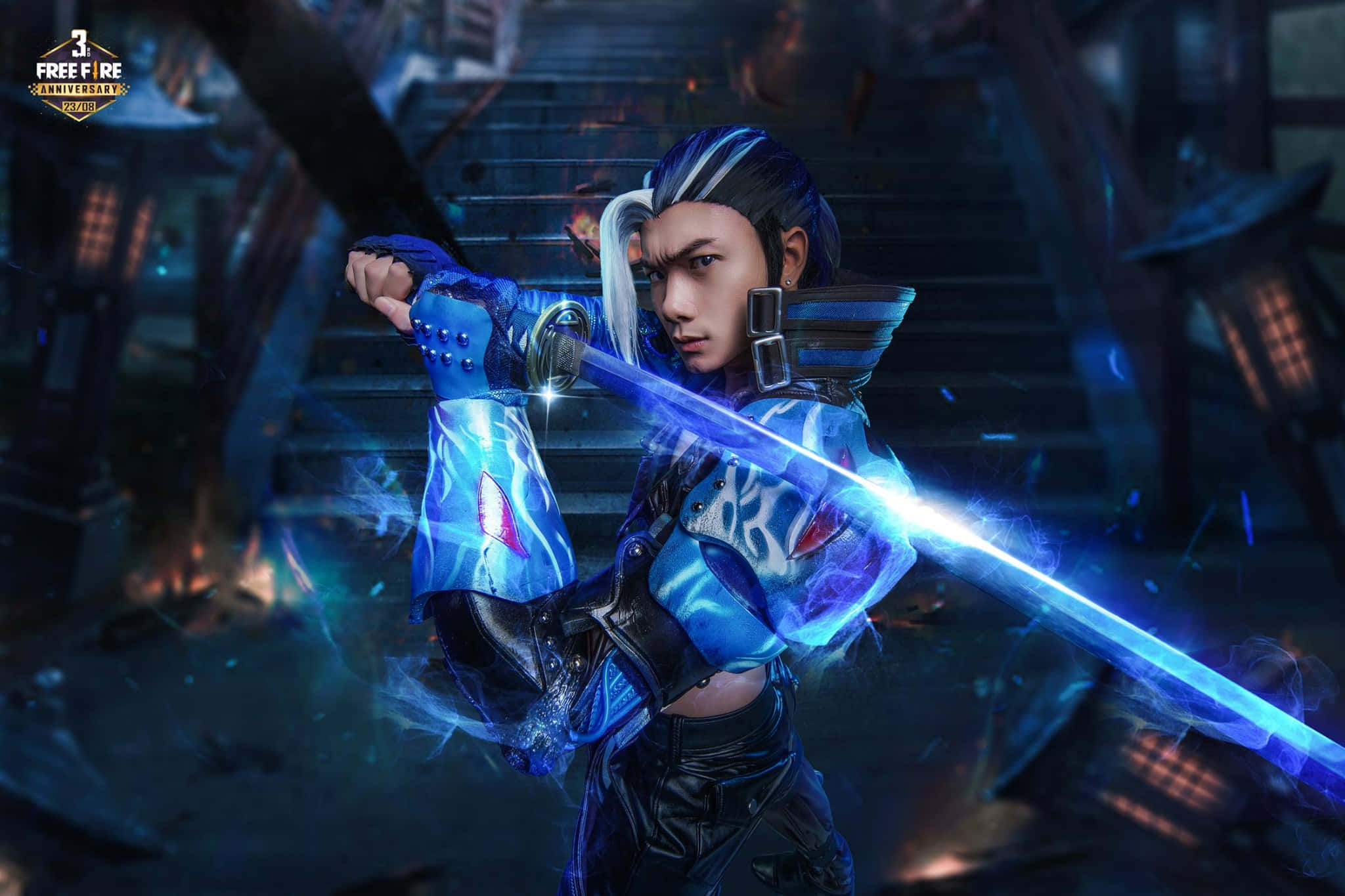 Free Fire 海ato 藍色武士 壁紙 — 一位擁有藍白頭髮的兇猛動漫戰士，在黑暗的未來廢墟中揮舞著發光的藍色劍。