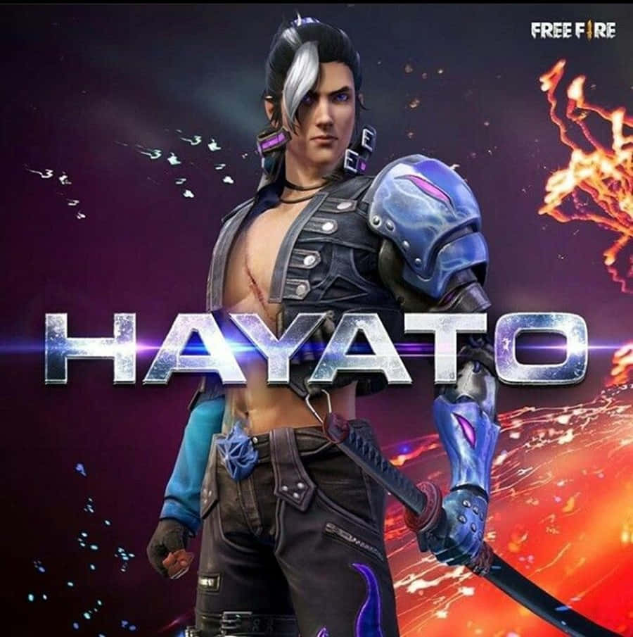 Free Fire 海ato 遊戲海報 壁紙 — 一位肌肉發達的動漫戰士，銀色頭髮和機械手臂，在熾熱的宇宙背景下揮舞著武士刀。