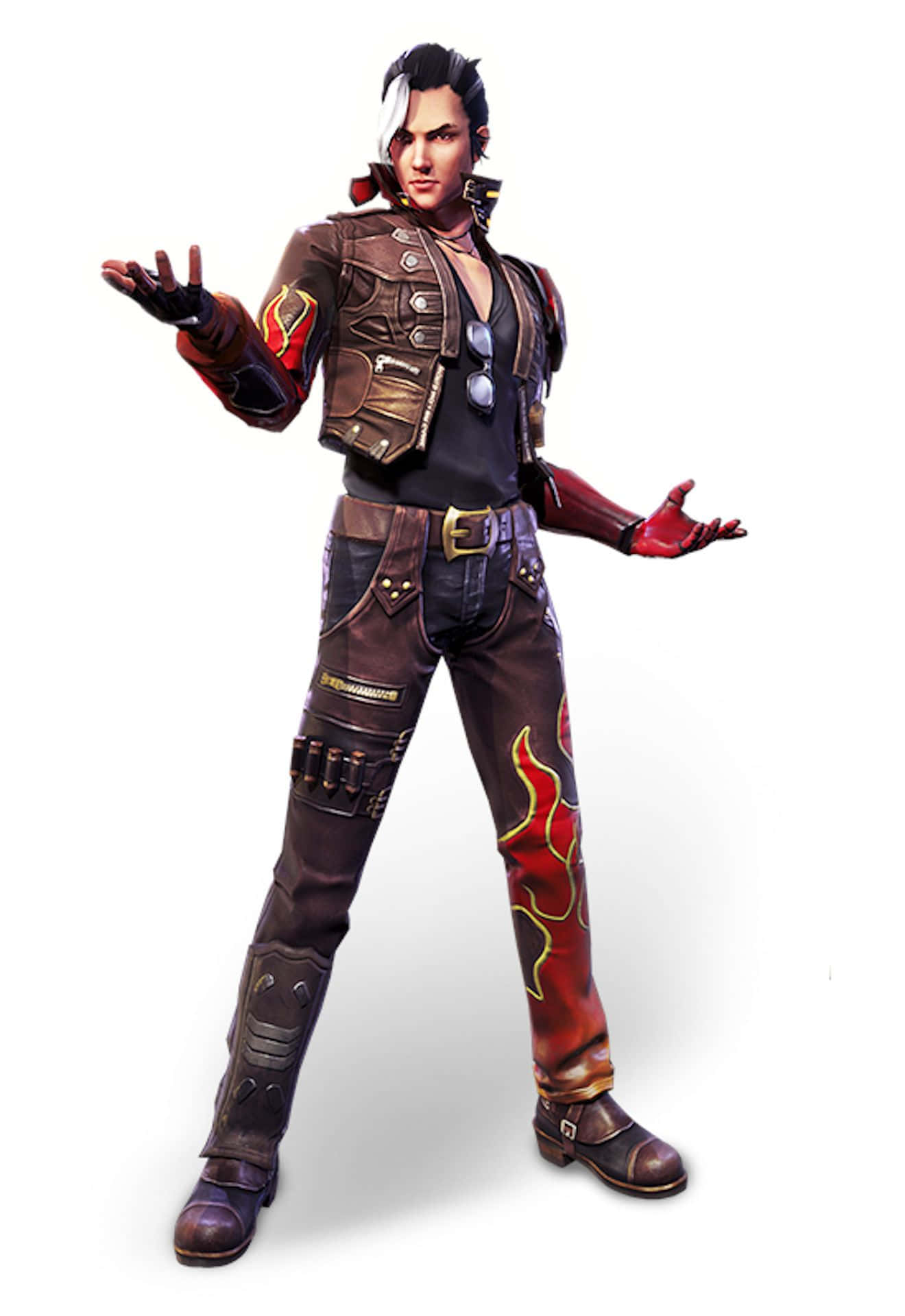 Free Fire 海牙托全身海報 壁紙 — 一個風格化的動漫角色，身穿皮褸和火焰圖案褲，在純白背景前張開雙臂擺姿勢。