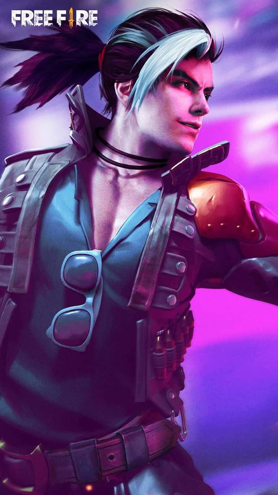 Free Fire 海牙托手機壁紙 壁紙 — 一個風格化的男性遊戲角色，銀色頭髮和戰術裝備，自信地站在發光的紫色背景前。