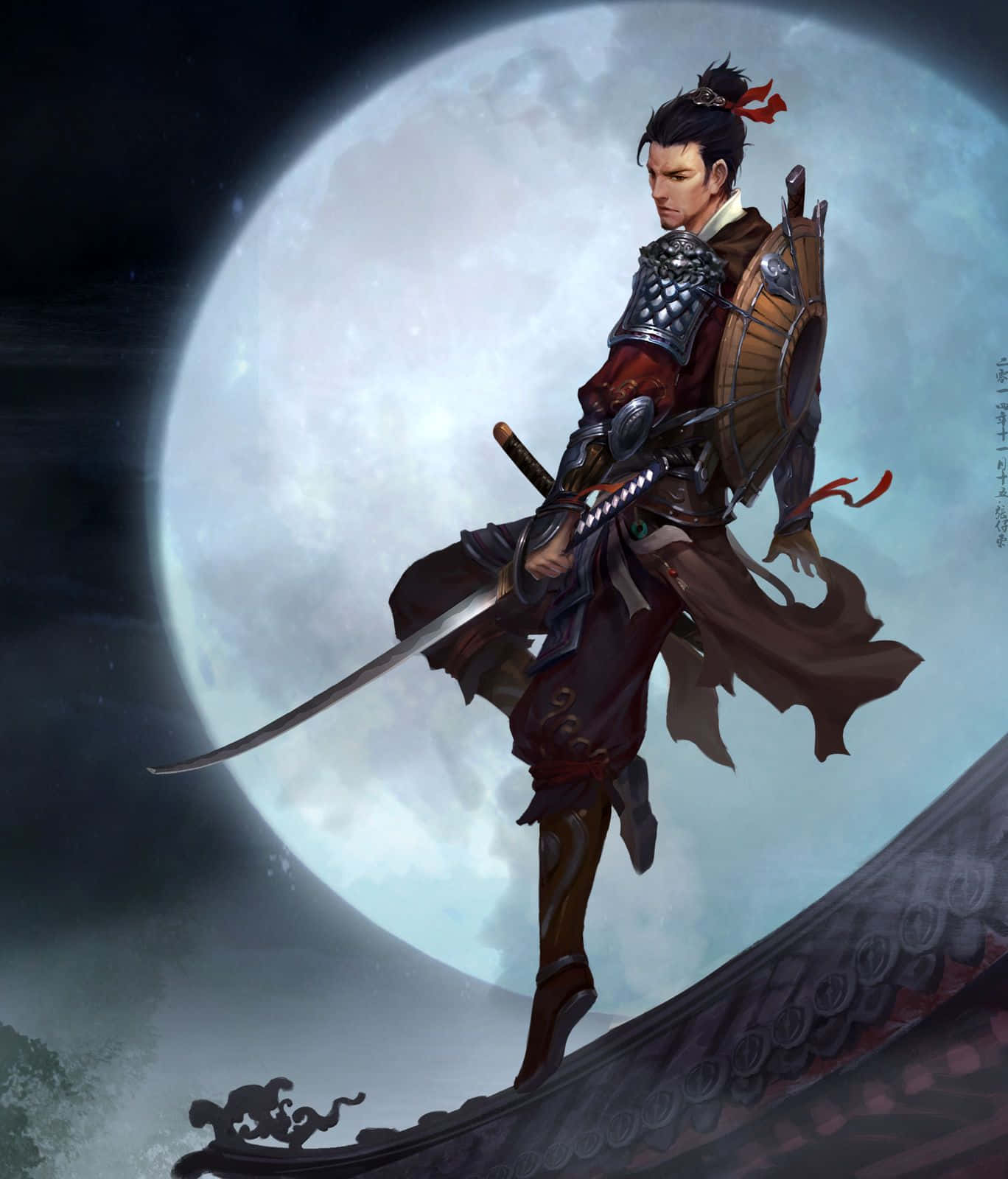 Free Fire 海牙托與武士 壁紙 — 一位武士戰士站在彎曲的屋頂邊緣，在巨大的發光月亮下，手持劍和盾牌。