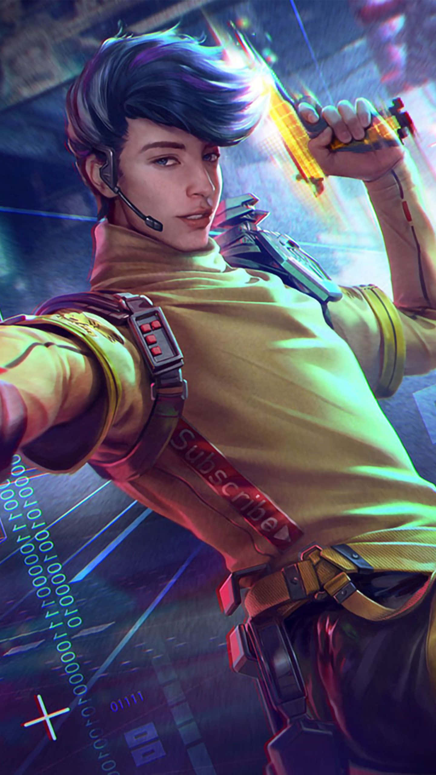 Free Fire 海牙托與狼拉哈 壁紙 — 一位身穿霓虹裝備的賽博龐克玩家，在數位數據流背景下手持發光武器。