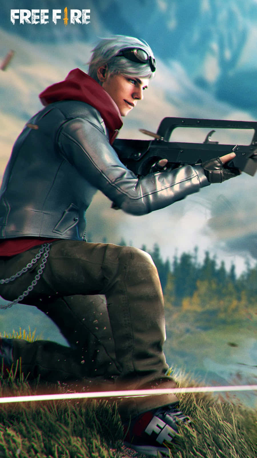 Free Fire 海牙托與馬克西姆 壁紙 — 一位銀髮遊戲玩家穿著皮夾克蹲在草地上，手持步槍，背景是陰天。