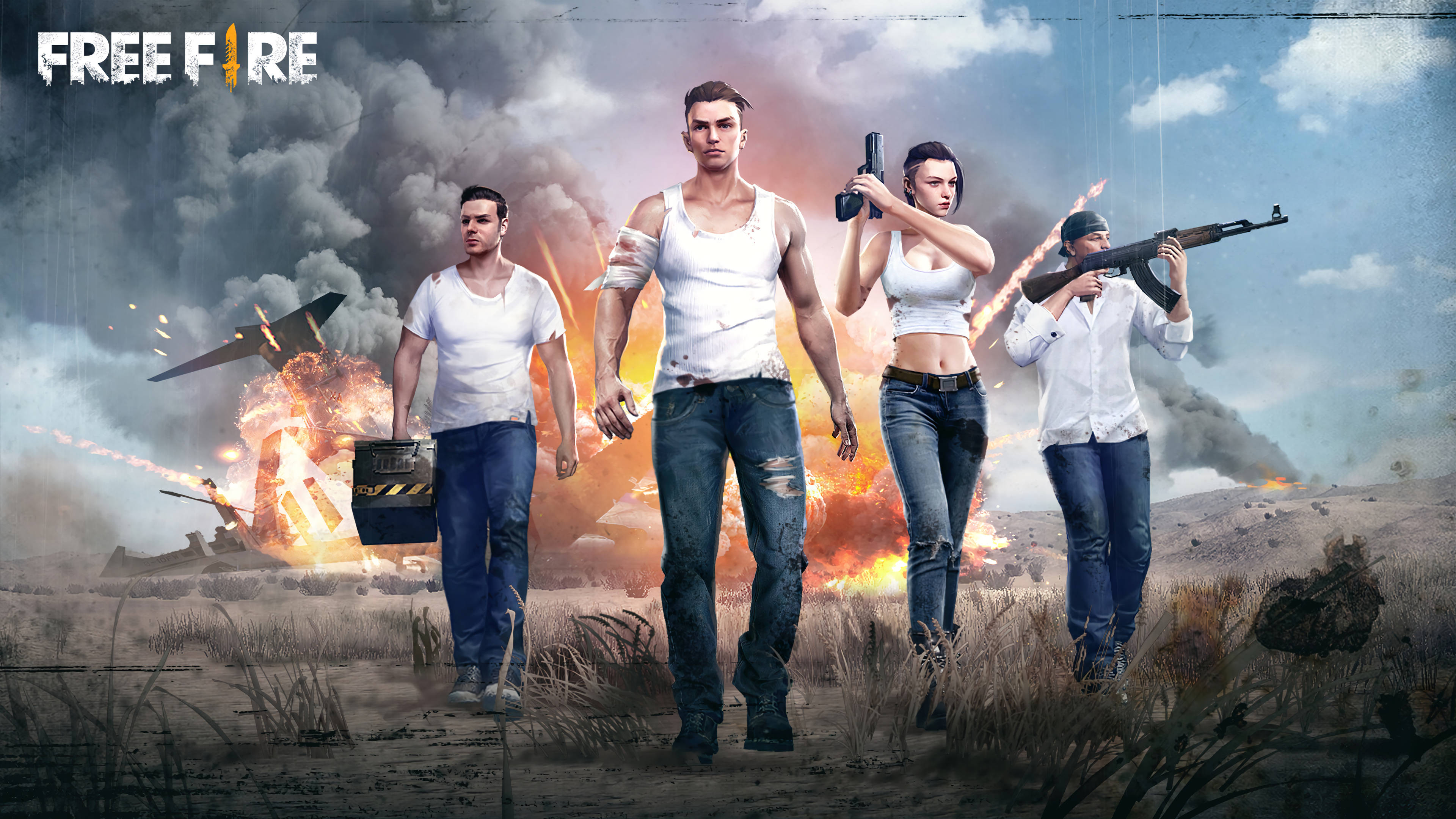 Free Fire 白襯衫小隊皮膚套裝 壁紙 — 四名武裝遊戲玩家穿過戰火摧殘的田野，身後爆炸和煙霧在陰雲密布的天空下爆發。