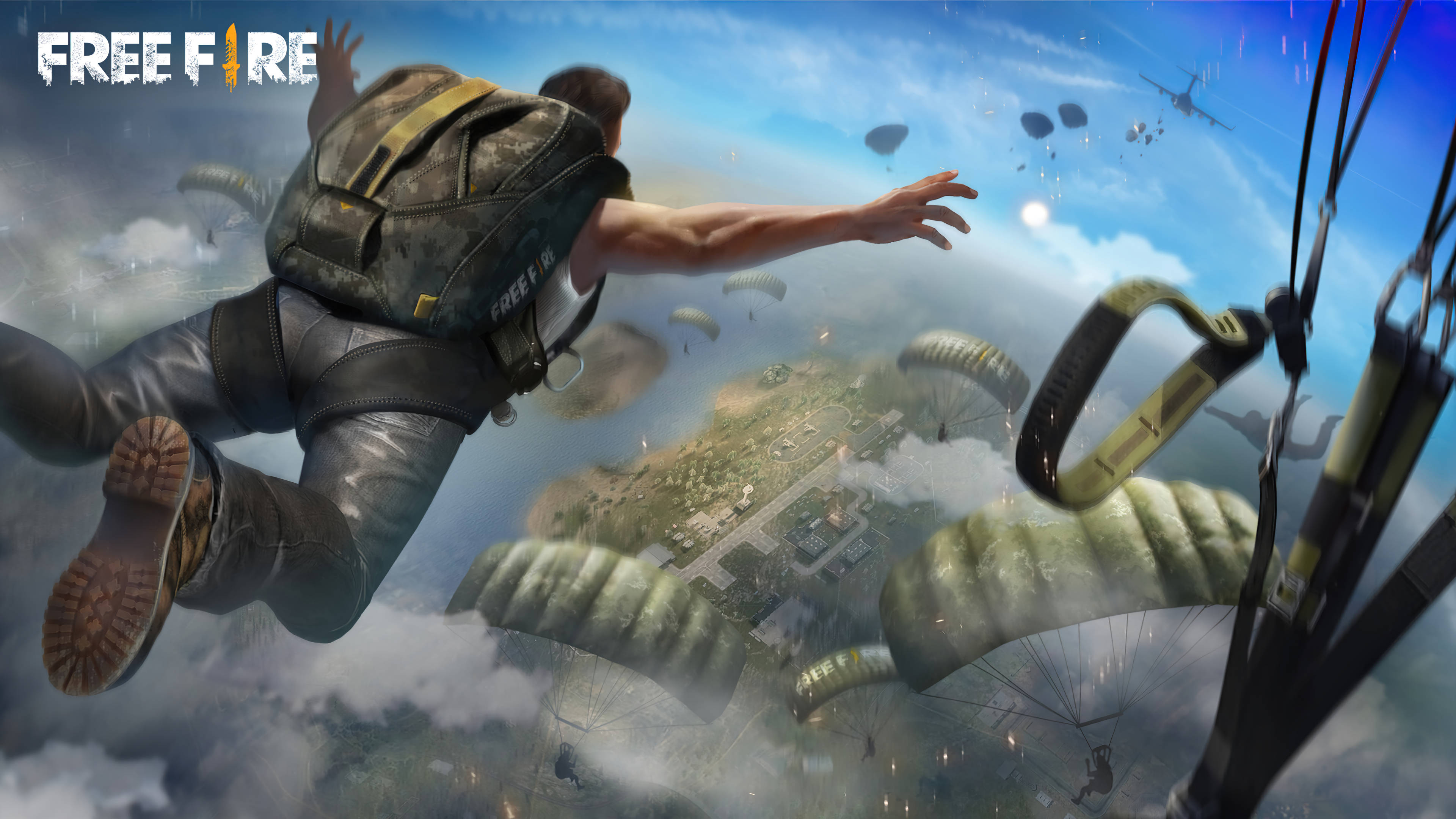 Free Fire 空降套裝 壁紙 — 一名玩家背著背包在廣闊的島嶼戰場上空跳傘，其他降落傘在下方下降。