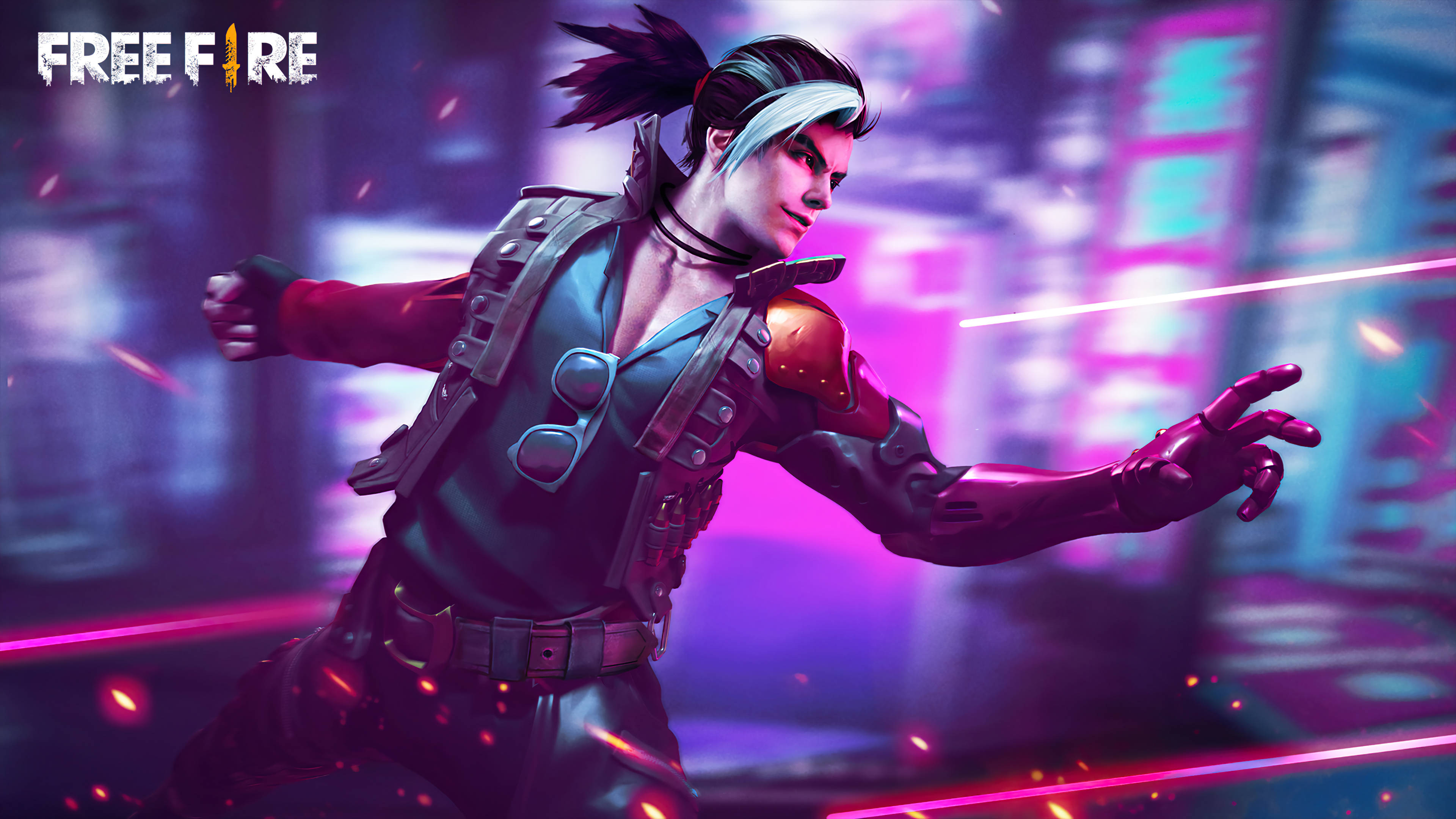 Free Fire 立花套裝 壁紙 — 一位擁有發光粉紅和藍色頭髮的賽博龐克戰士，在霓虹燈照亮、漂浮著能量粒子的城市街道上擺出動感姿勢。