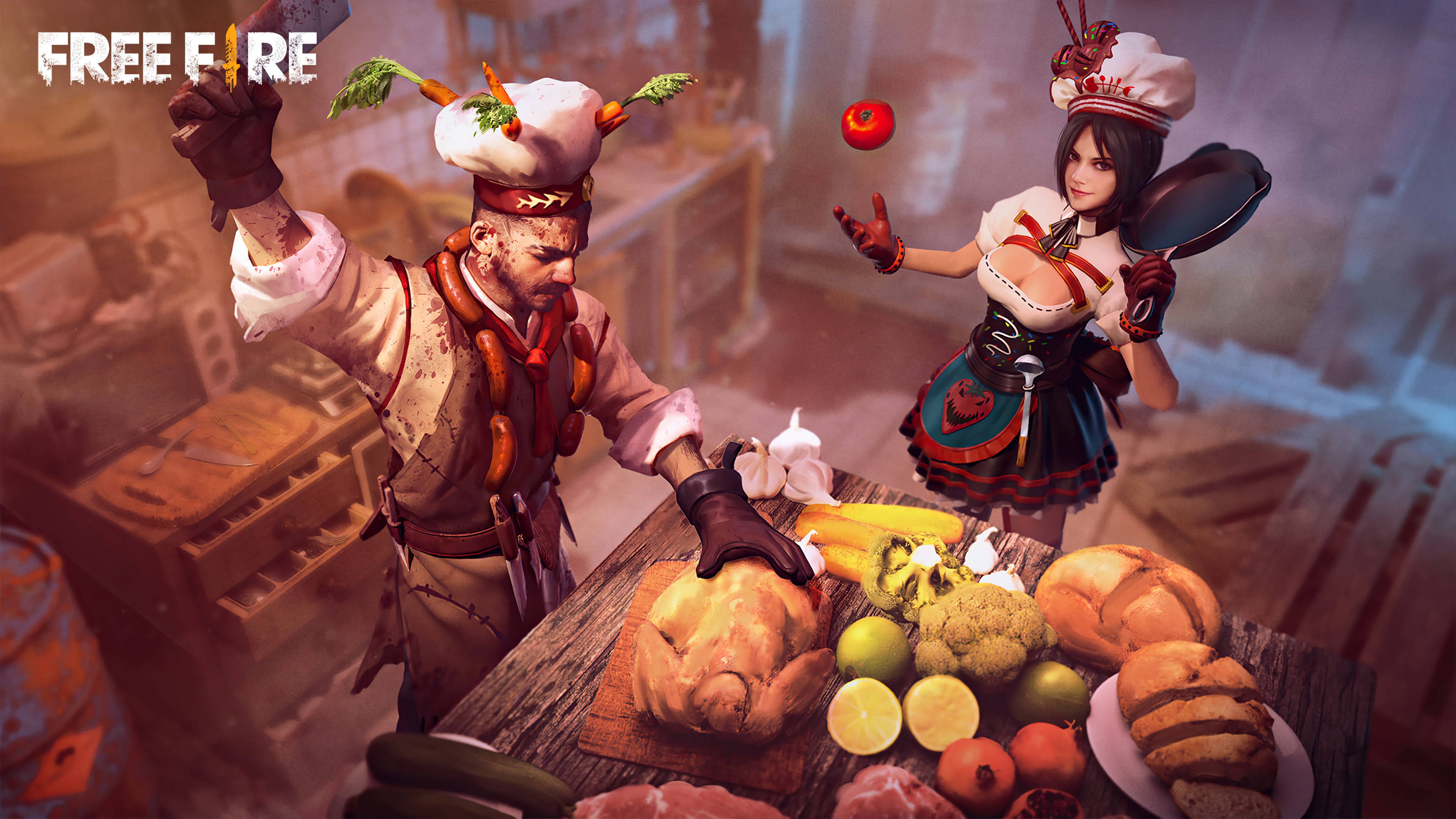Free Fire 美食屠夫皮膚組合 壁紙 — 兩位風格化的廚師在混亂的廚房裡拋擲蔬菜，並烹調一隻被色彩繽紛食物包圍的烤雞。