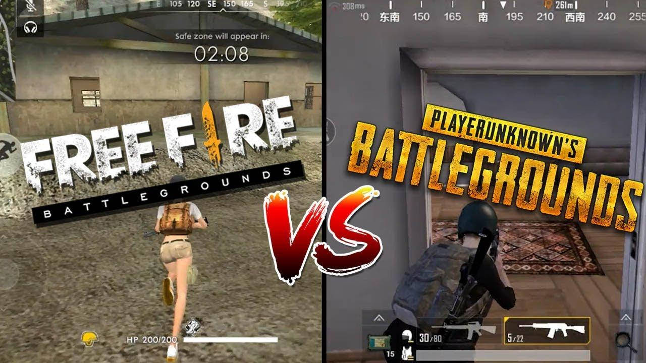 PUBG 桌布 壁紙 — Free Fire 與 PlayerUnknown's Battlegrounds 手機大逃殺遊戲介面的分割畫面比較，角色正在行動中。