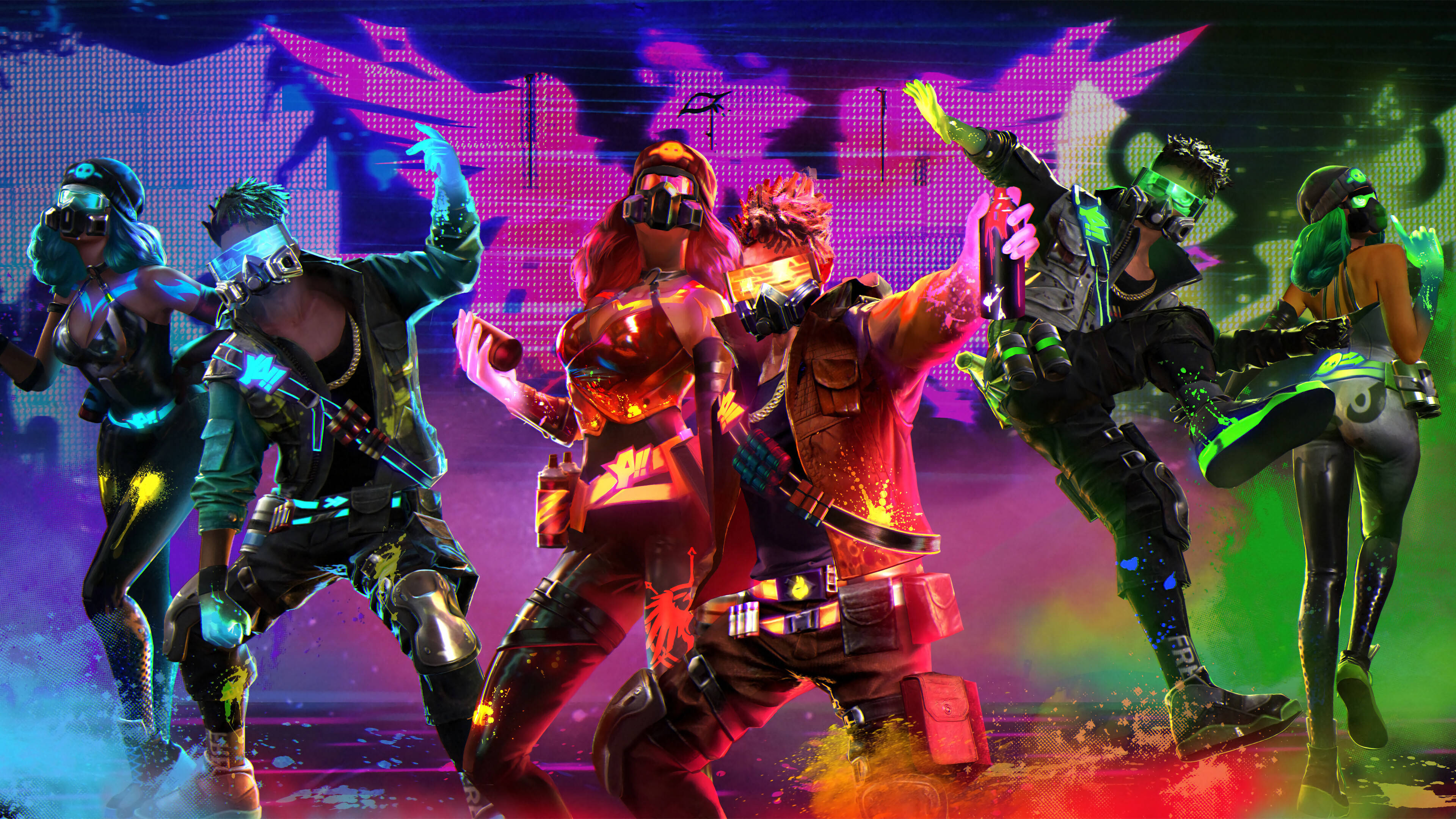 Free Fire 舞蹈皮膚組合 壁紙 — 充滿活力的霓虹燈角色以動態姿勢在發光的數位背景前跳舞，伴隨著電光色彩爆發。