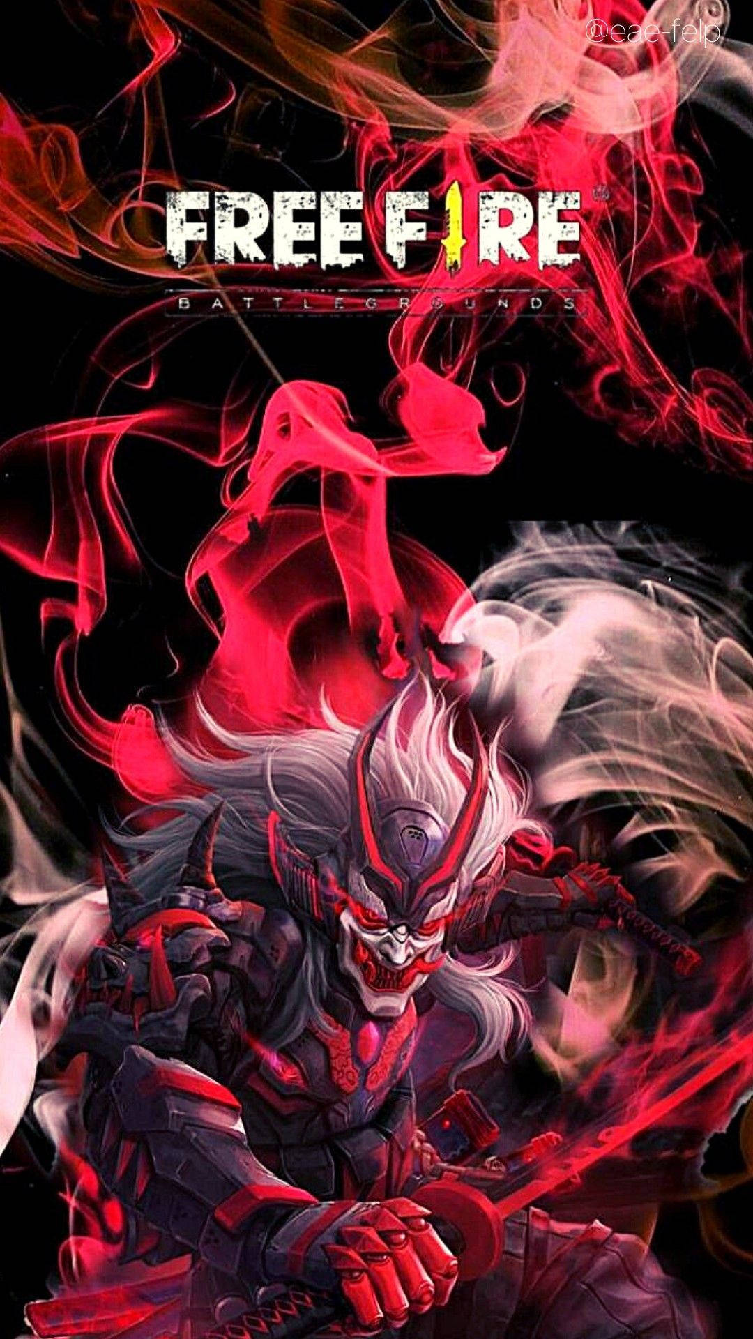 擁有發光紅眼和白髮的武士戰士在紅色煙霧中揮舞劍。