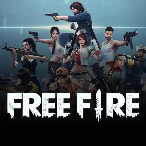 一群武裝遊戲角色以戰鬥姿勢與「FREE FIRE」標誌。