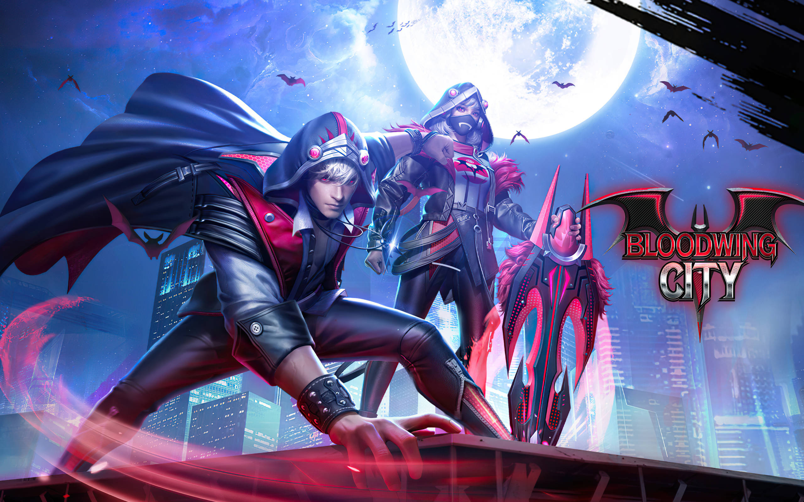 Free Fire 遊戲 Bloodwing City 壁紙 — 兩個動漫風格的義警，身穿深紅色和黑色裝備，站在霓虹城市景觀中一輪發光的滿月下的屋頂上。