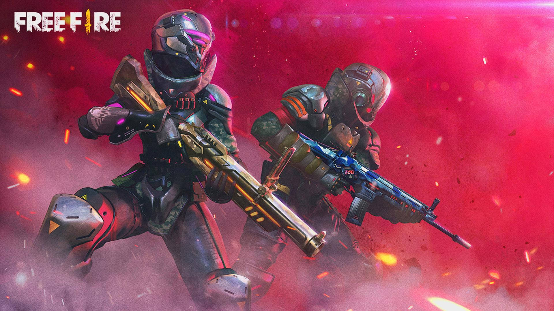 Free Fire 遊戲兩名戰士 壁紙 — 兩名身穿未來裝備的裝甲士兵在熾熱的爆炸中開火，背景是鮮紅色的。