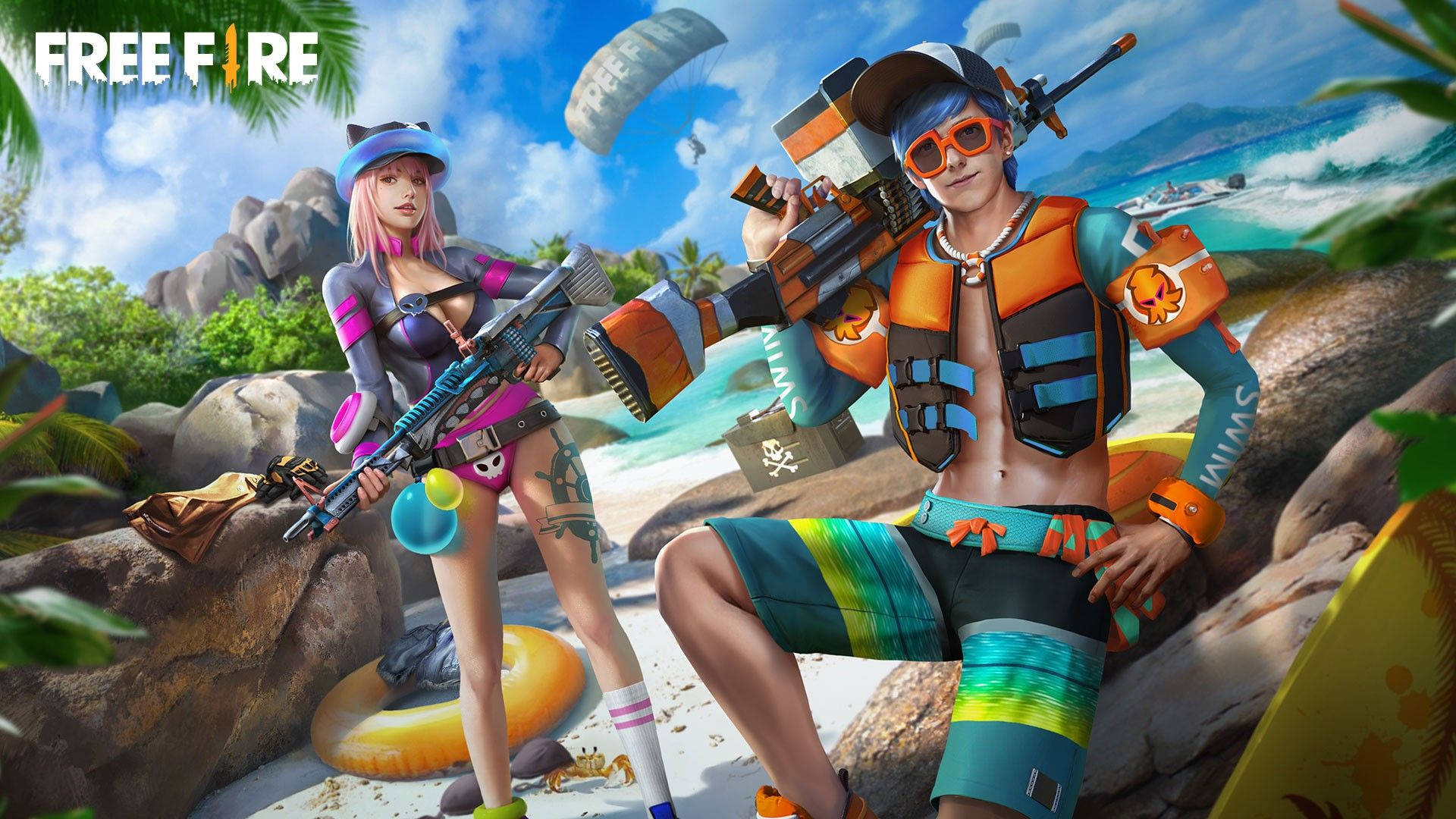 Free Fire 遊戲海灘派對主題 壁紙 — 兩位身穿泳裝和裝備的動漫風格玩家在熱帶海灘上擺姿勢，背景有棕櫚樹和海浪。