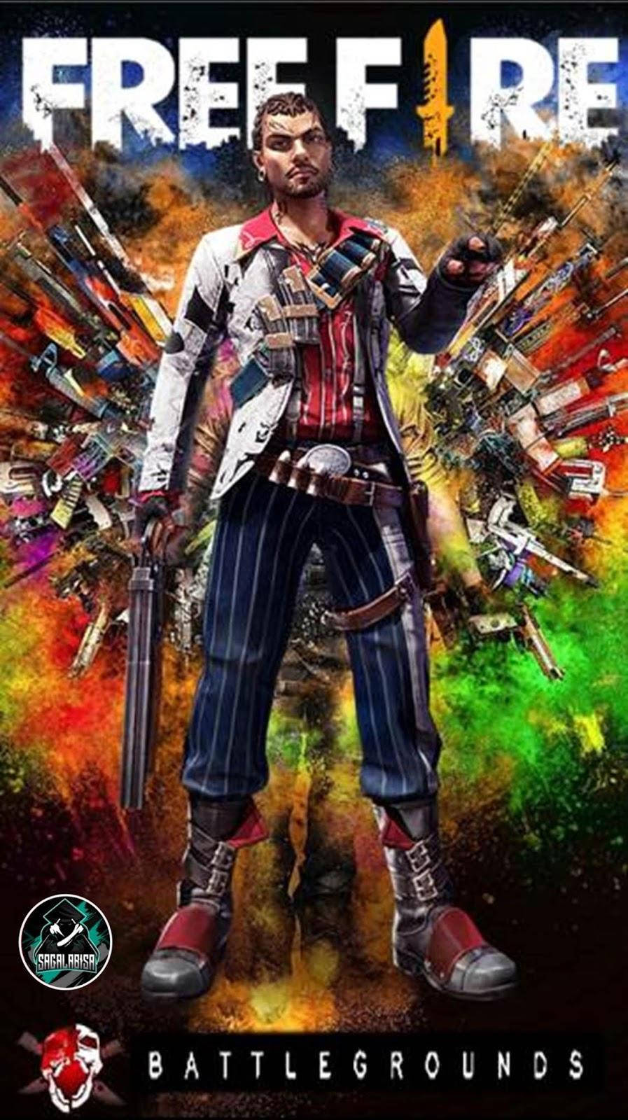 Free Fire 遊戲角色 Antonio 壁紙 — 一個肌肉發達的戰士穿著條紋褲和戰術裝備，挑釁地站在爆炸的槍械中，背景是火熱多彩的。