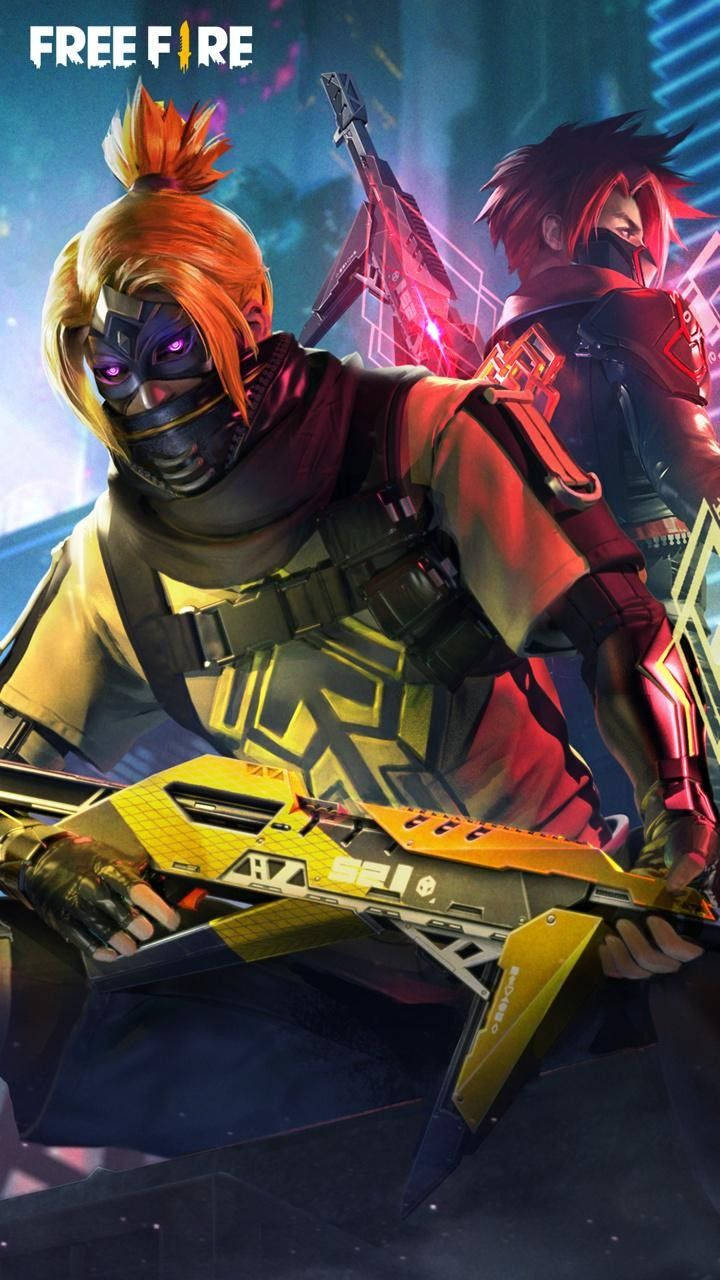 Free Fire 遊戲角色 Copinha 與 Espadada 壁紙 — 兩名動漫風格嘅玩家身穿未來裝備，喺霓虹燈光嘅 cyberpunk 背景下揮舞發光武器。
