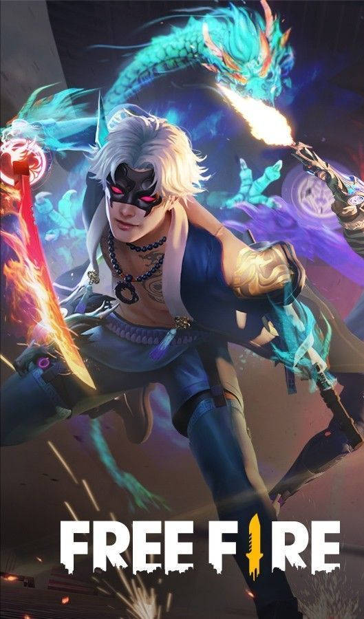 Free Fire 遊戲角色 Drake 壁紙 — 一位戴面具的白髮動漫戰士揮舞著火焰刀刃，身後一條發光的藍色巨龍盤繞，構成動態戰鬥場景。