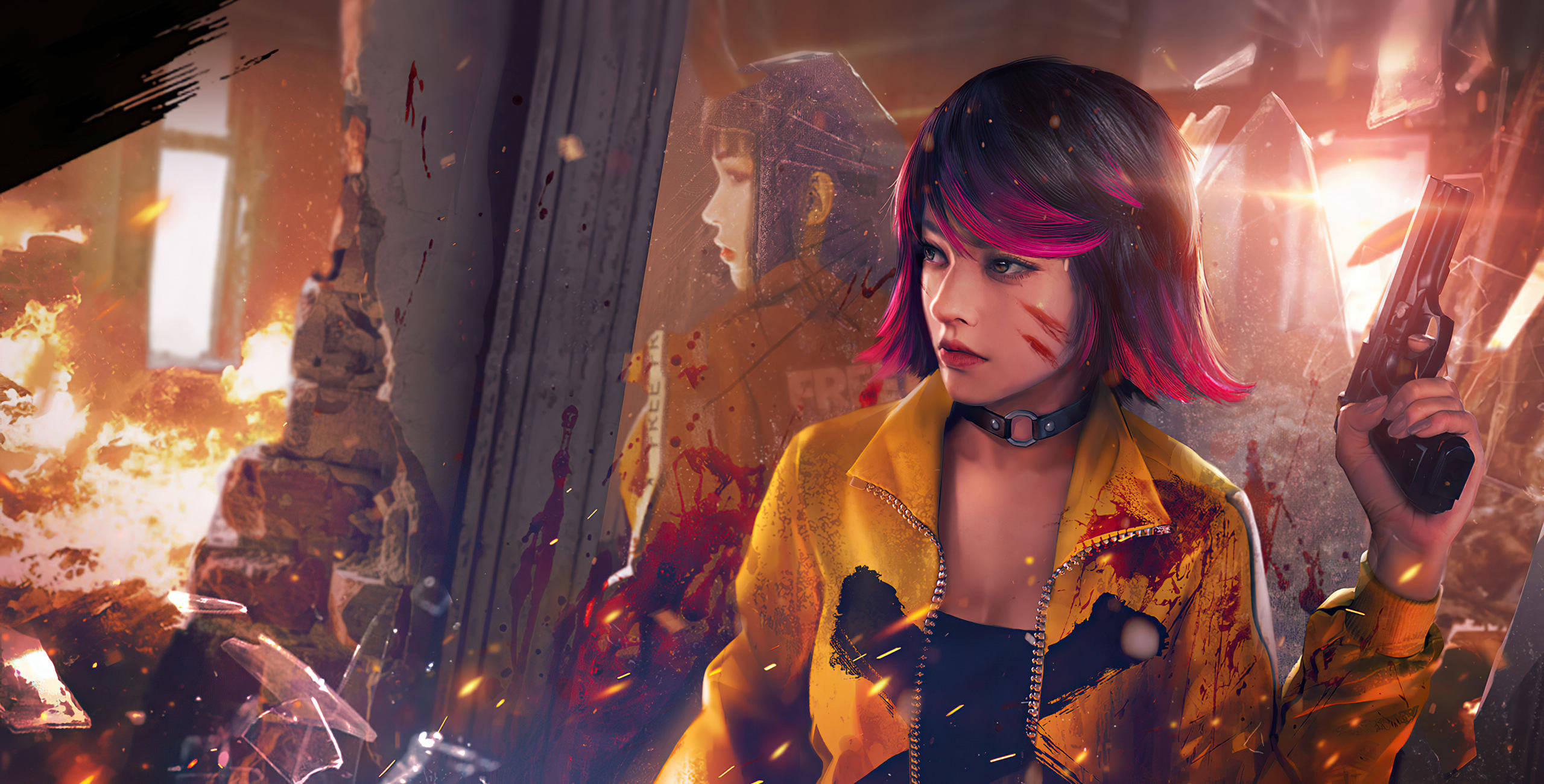 Free Fire 遊戲角色 Elite Kelly 壁紙 — 一個兇猛嘅動漫女仔，粉紅色頭髮，血跡斑斑嘅黃色外套，喺烈火廢墟同碎玻璃中揸住支槍。