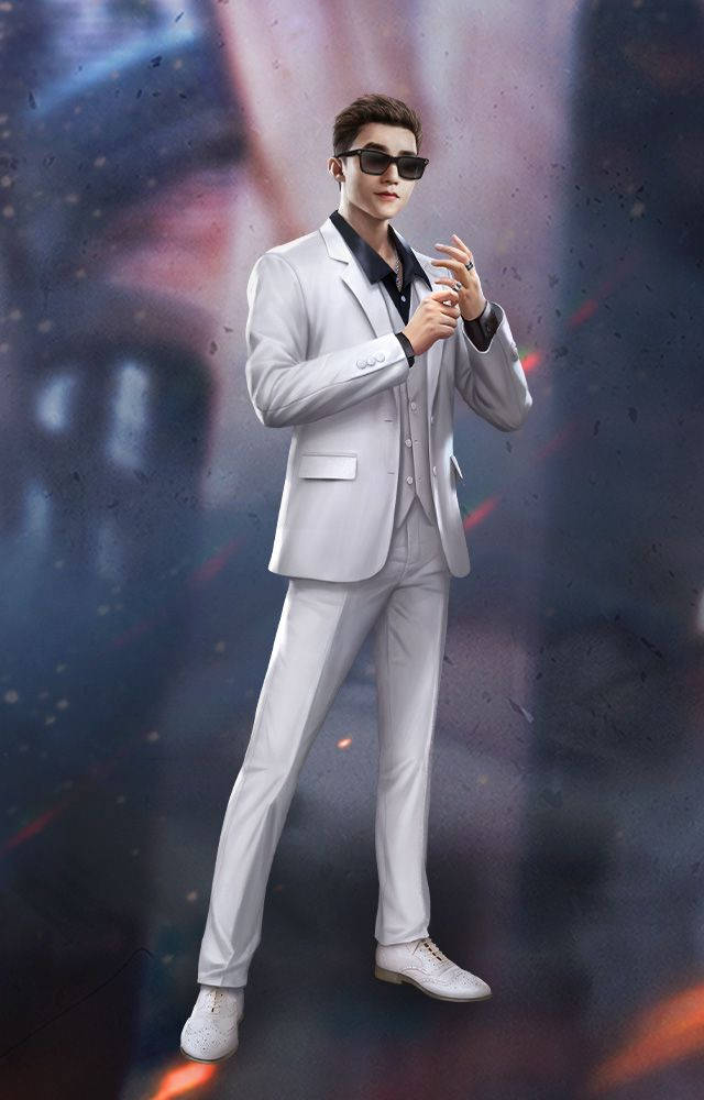 Free Fire 遊戲角色 Skyler 壁紙 — 一位穿著白色西裝和太陽眼鏡的時尚男士，自信地站在帶有發光粒子的宇宙星雲背景前。