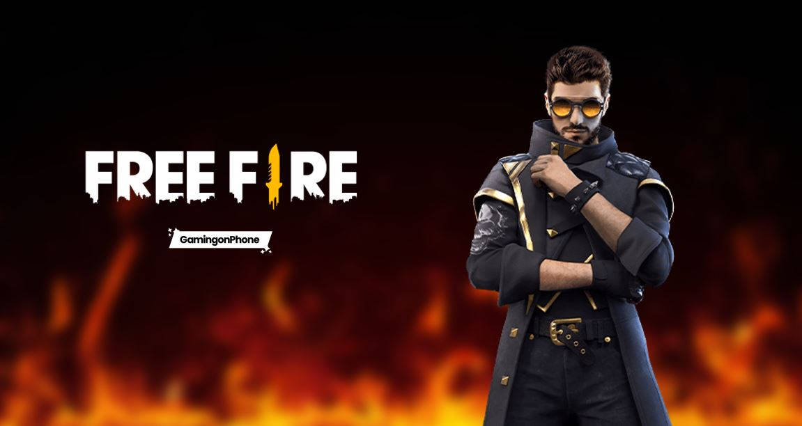 身穿深色外套和太陽眼鏡的玩家站在帶有Free Fire標誌的火焰背景前。