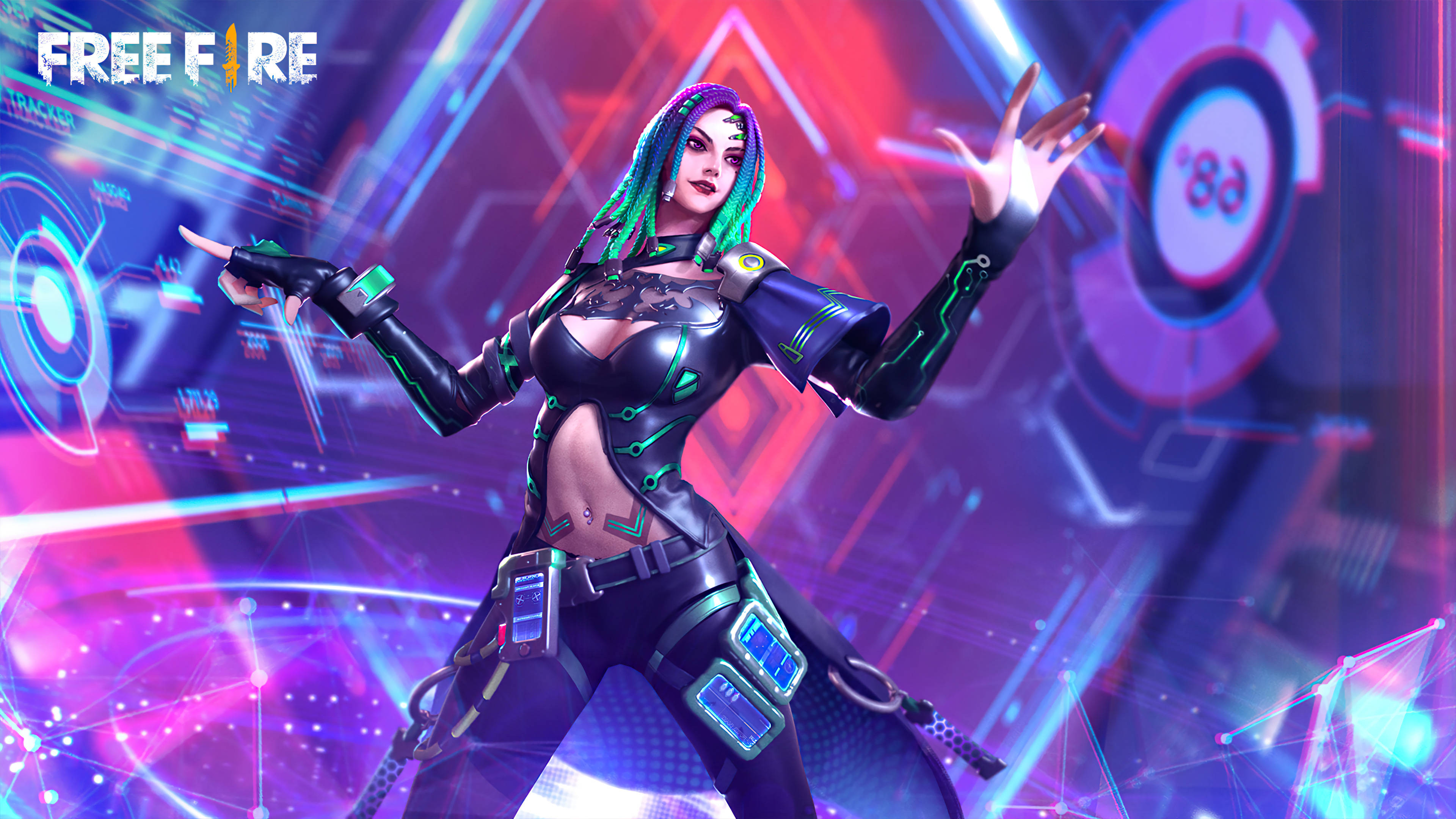 Free Fire 電腦空間 Moco 套裝 壁紙 — 一位擁有螢光綠髮和發光電路裝甲的 cyberpunk 女戰士，在充滿活力的數碼界面背景前動態擺姿勢。