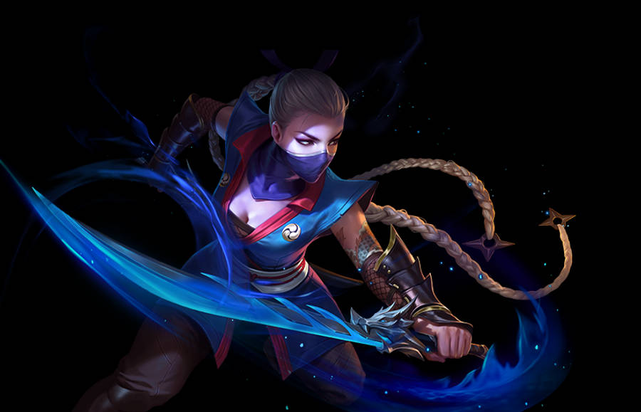 《Free Fire》女角色PNG 壁紙 — 一位兇猛的女忍者戰士在黑暗的宇宙背景下揮舞著發光的藍色劍和星尖鞭。