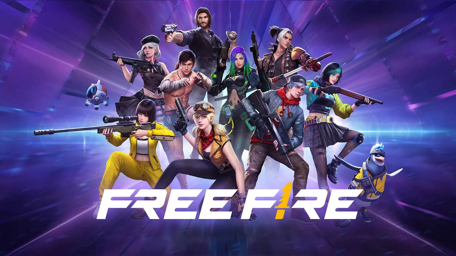 Free Fire遊戲角色在發光紫色背景下的戰鬥姿勢。